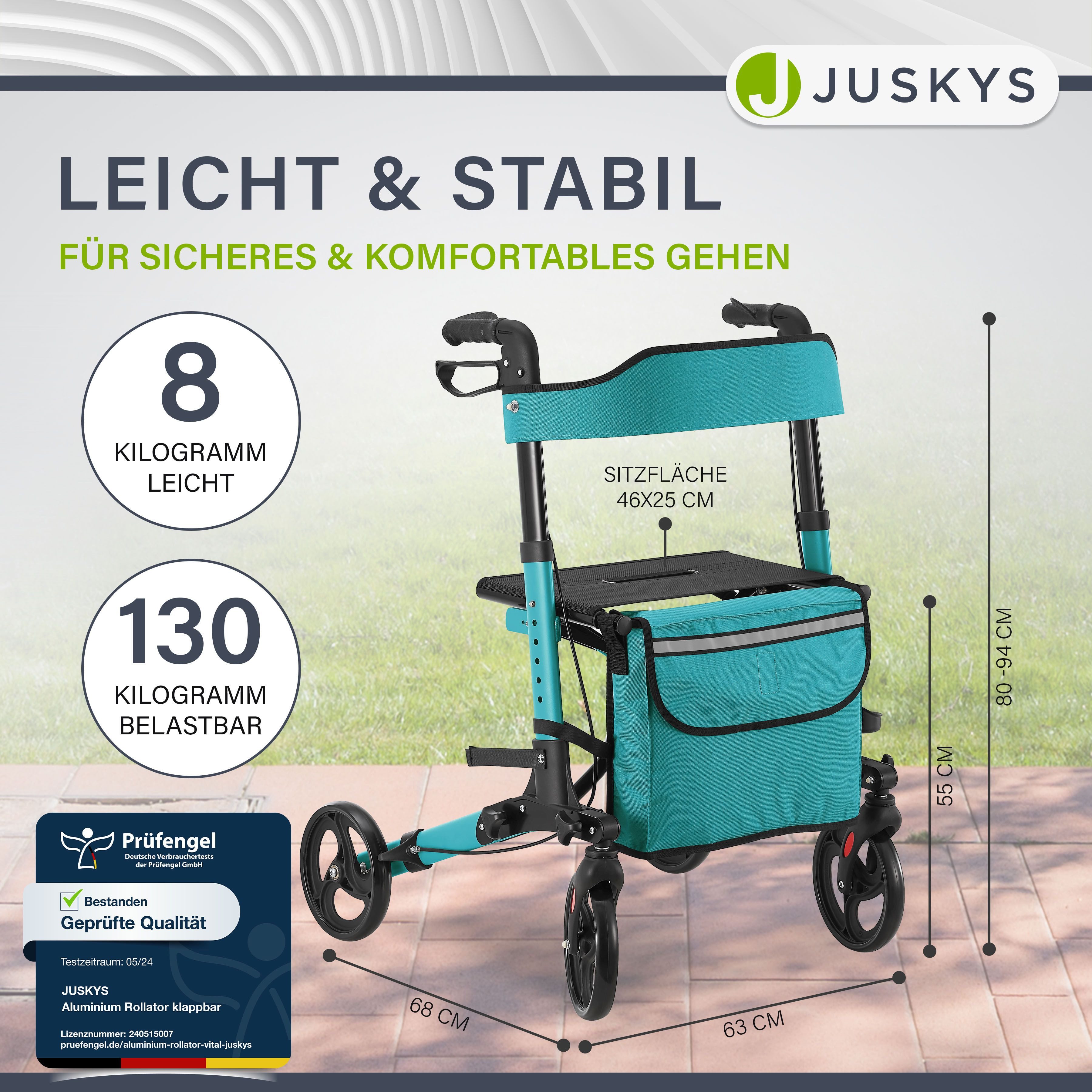 Juskys Rollator Vital, klappbar, mit Sitz, Einkaufstasche und Gehstockhalterung