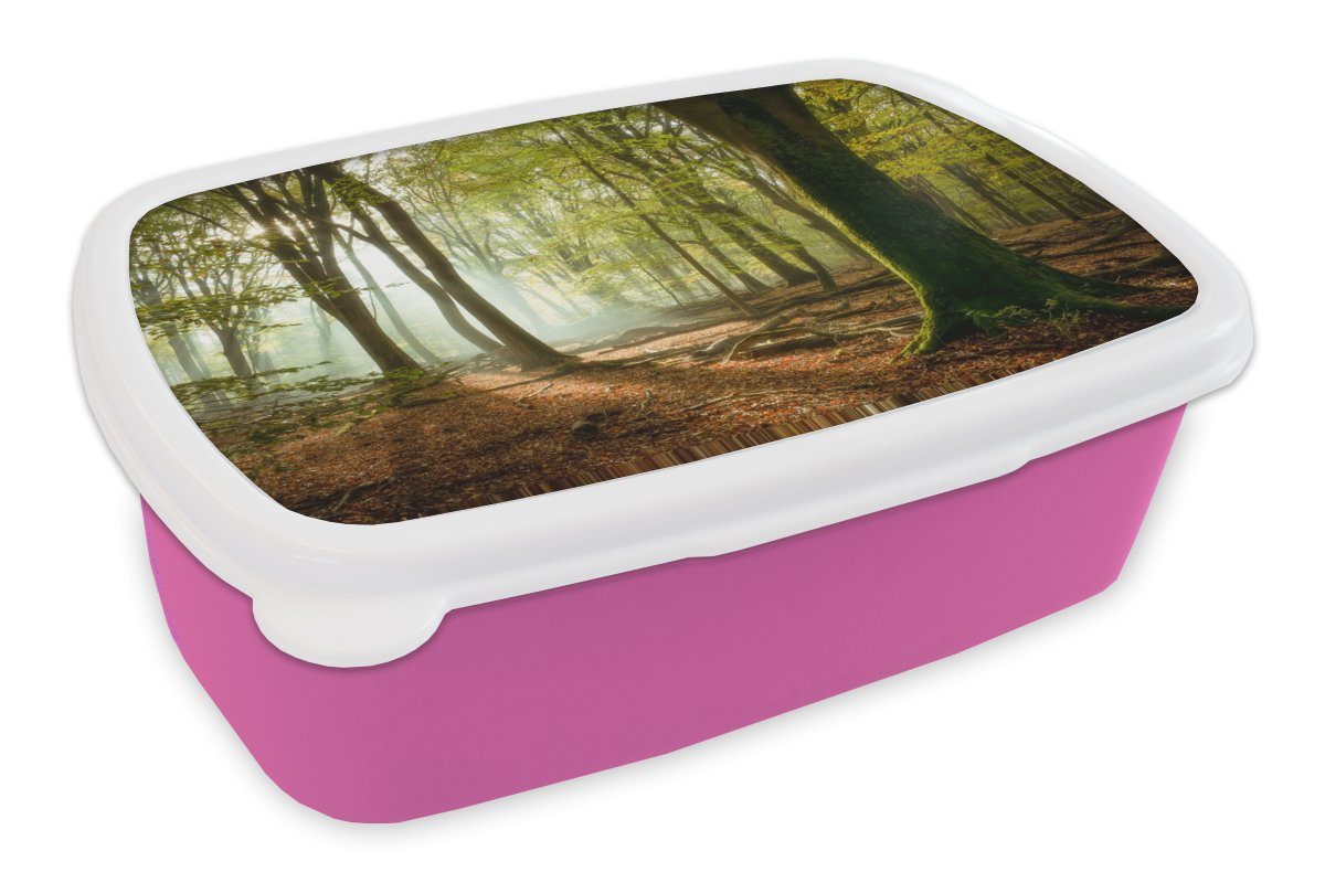 MuchoWow Lunchbox Wald rosa (2-tlg), Kunststoff für Erwachsene, Brotdose Snackbox, Kunststoff, - Mädchen, Jahreszeiten Kinder, Sonne - - Brotbox Landschaft