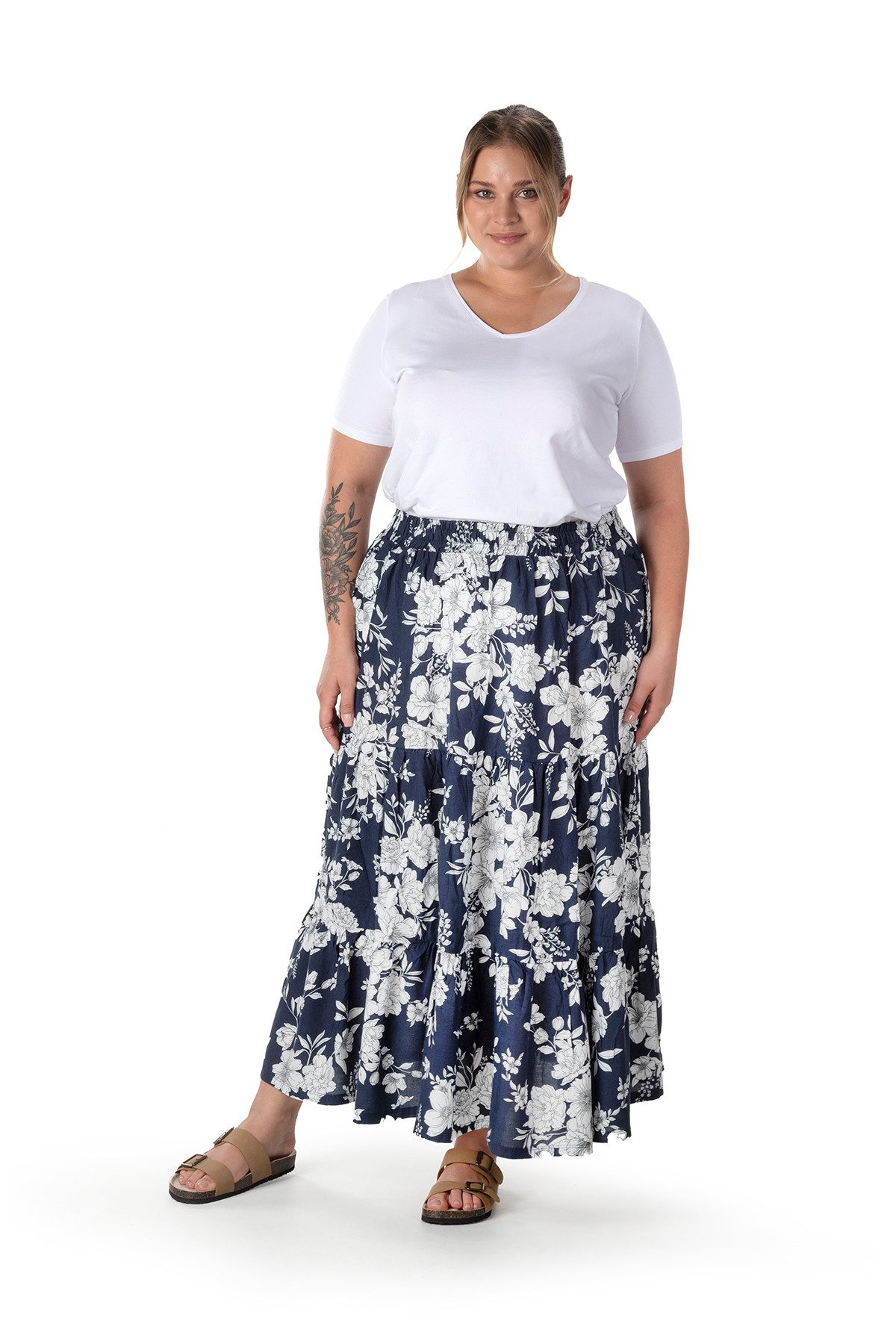 Stil Diva Midirock Langer Rock in Übergröße mit Blumenmuster, verstellbarem Bund und Knöc