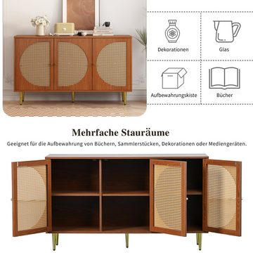 EXTSUD Sideboard Sideboard mit 3 Rattan verzierten Türen, Kommode Highboard, Rattan-Webung, vielfältiger Stauraum, langlebig, verstellbare Regale