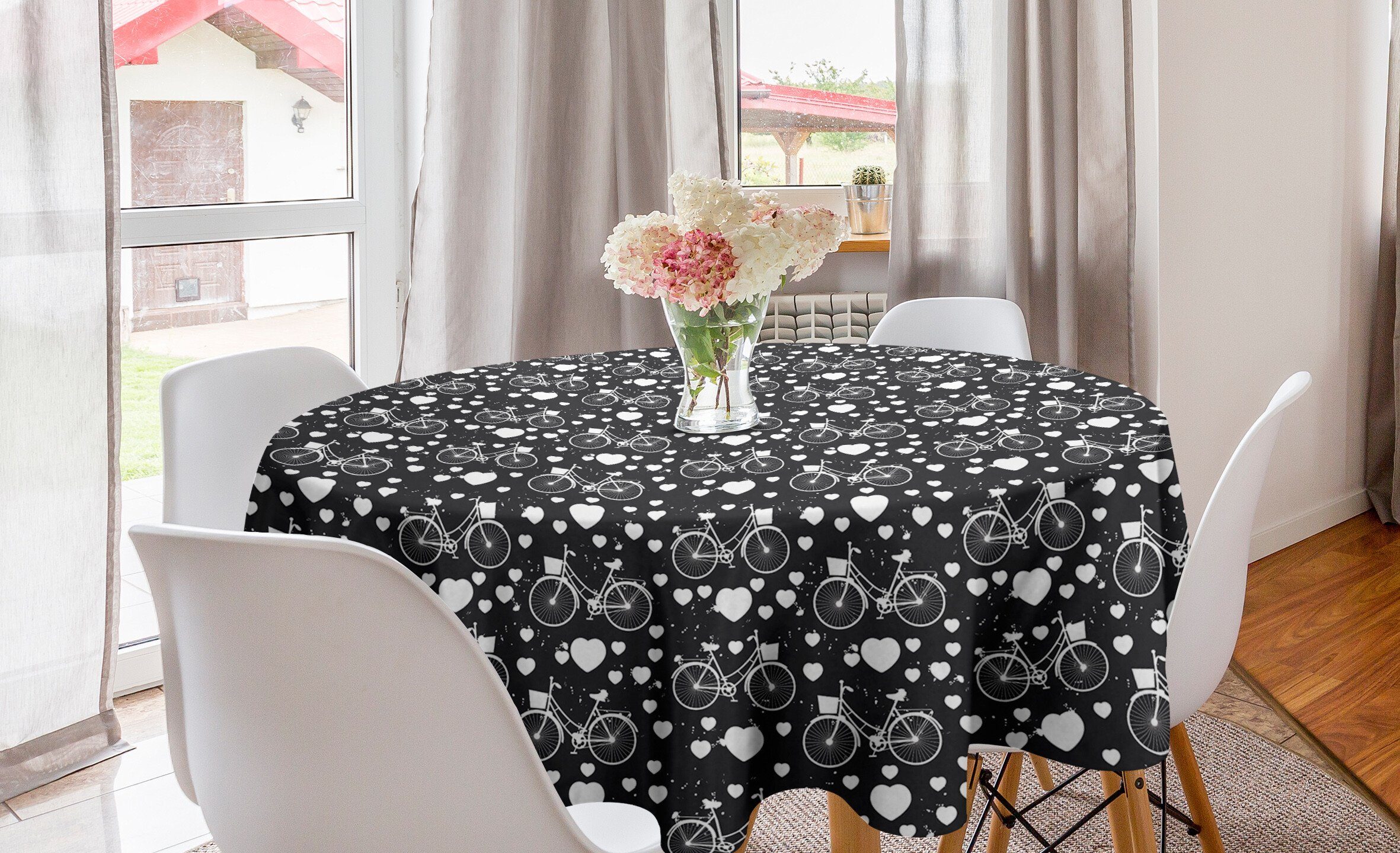 Abakuhaus Tischdecke Kreis Tischdecke Abdeckung für Esszimmer Küche Dekoration, Herzen Fahrräder und Herz