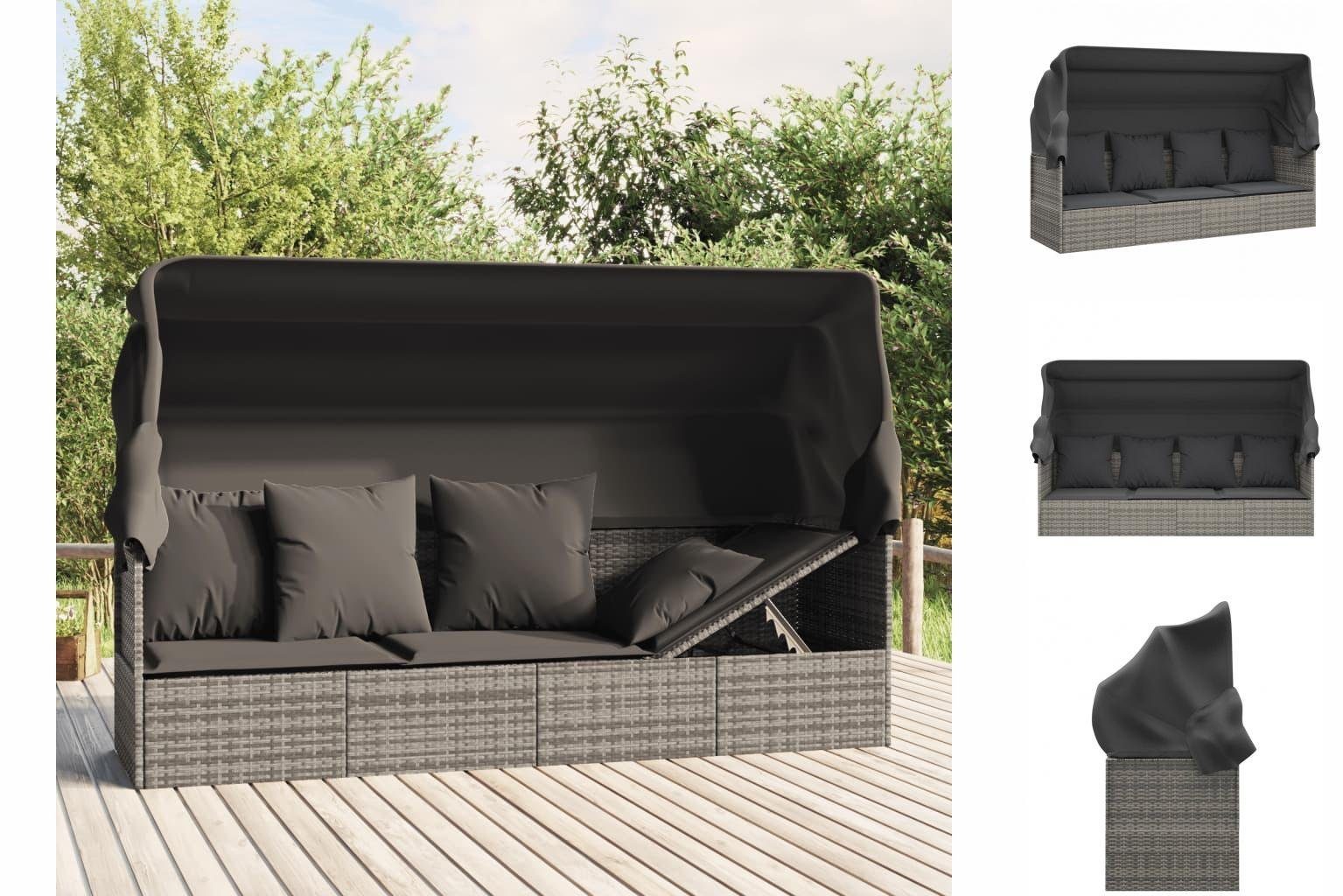 vidaXL Wellnessliege Gartenliege Outdoor-Loungebett mit Dach und Kissen Grau Polyrattan