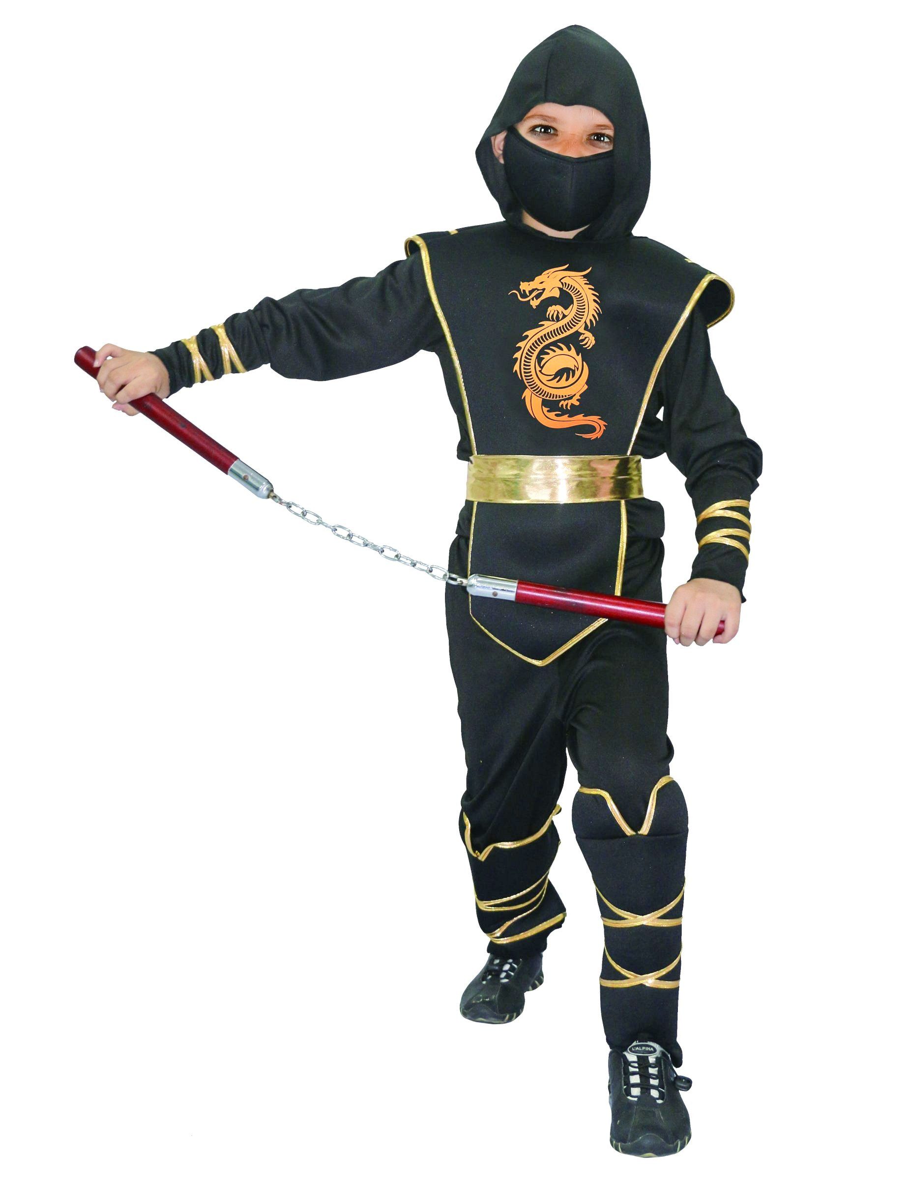 Kostüm Tapferer Ninjakrieger Ninja-Kinderkostüm mit Drachenmotiv schwarz-gold