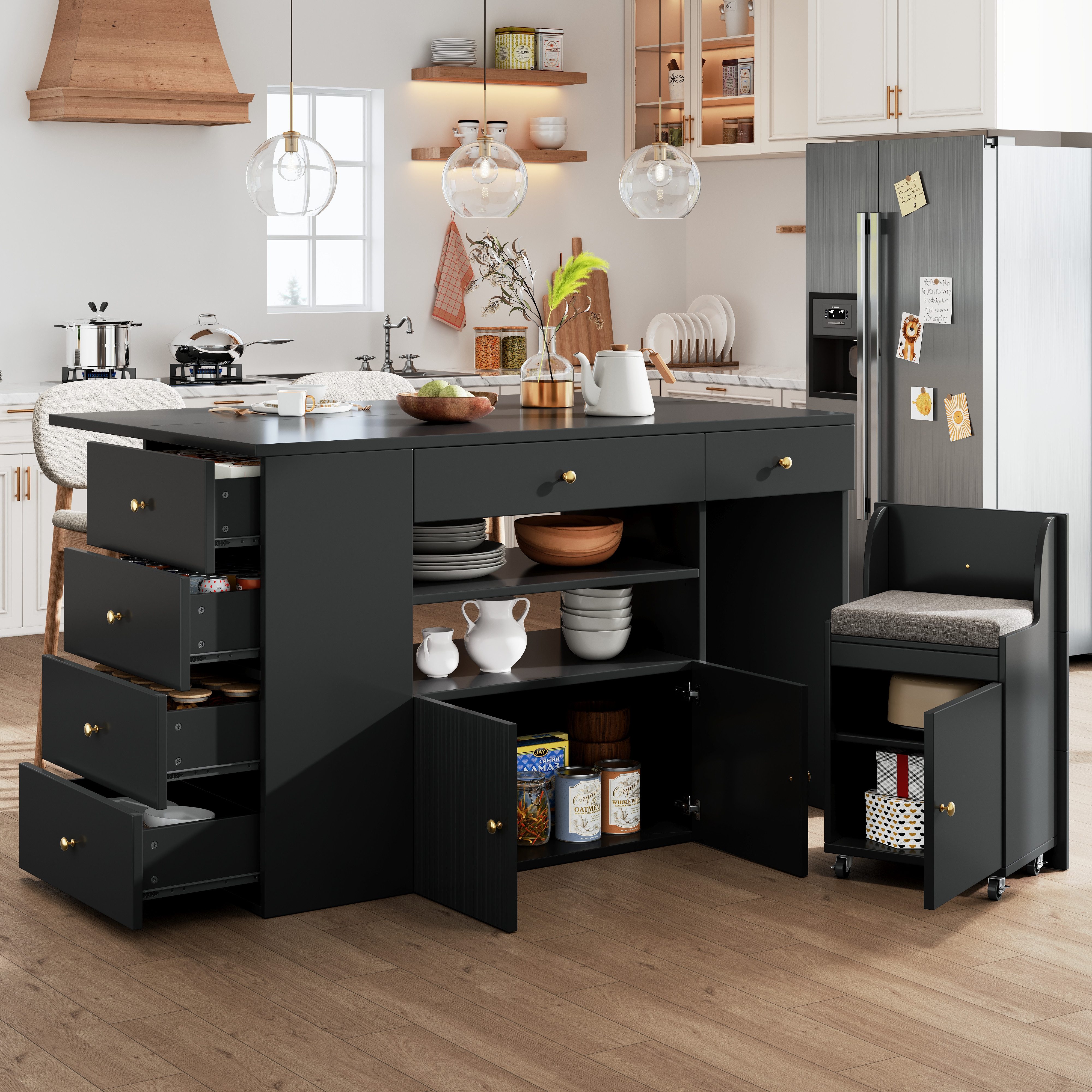 Flieks Kücheninsel mit Barhockern, erweiterbarer Arbeitsplatte, 6 Schubladen und 2 Türen, (Hocker mit Rollen, Kissen und Fächern), Küchenschrank Buffetschrank Mehrzweckschrank mit beweglichem Stuhl
