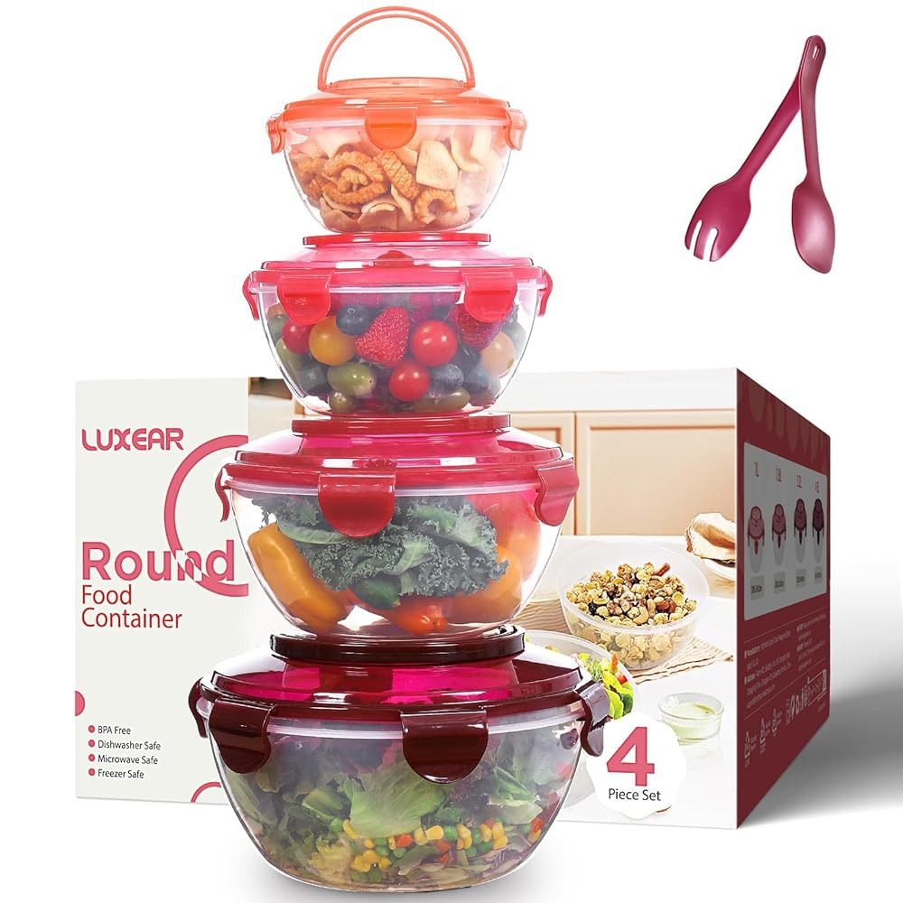 Elegear Müslischale Salatschüssel mit luftdicht Deckel, 4,5L/3,2L/1,8L/1L Salatschüssel, ABS, (1-tlg), mit Tragegriff Gabeln Löffel, Stapelbar Schüsseln Frischhaltedosen