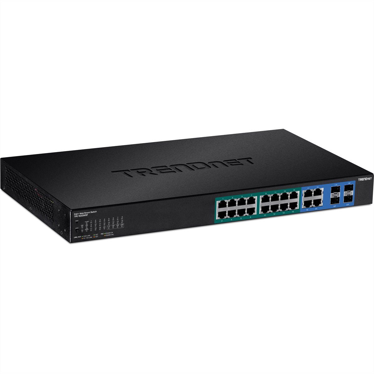 Trendnet TPE-1620WSF 20-Port POE+ Switch Gigabit Web Smart Netzwerk-Switch (2x SFP, 16x PoE+ (370W)
