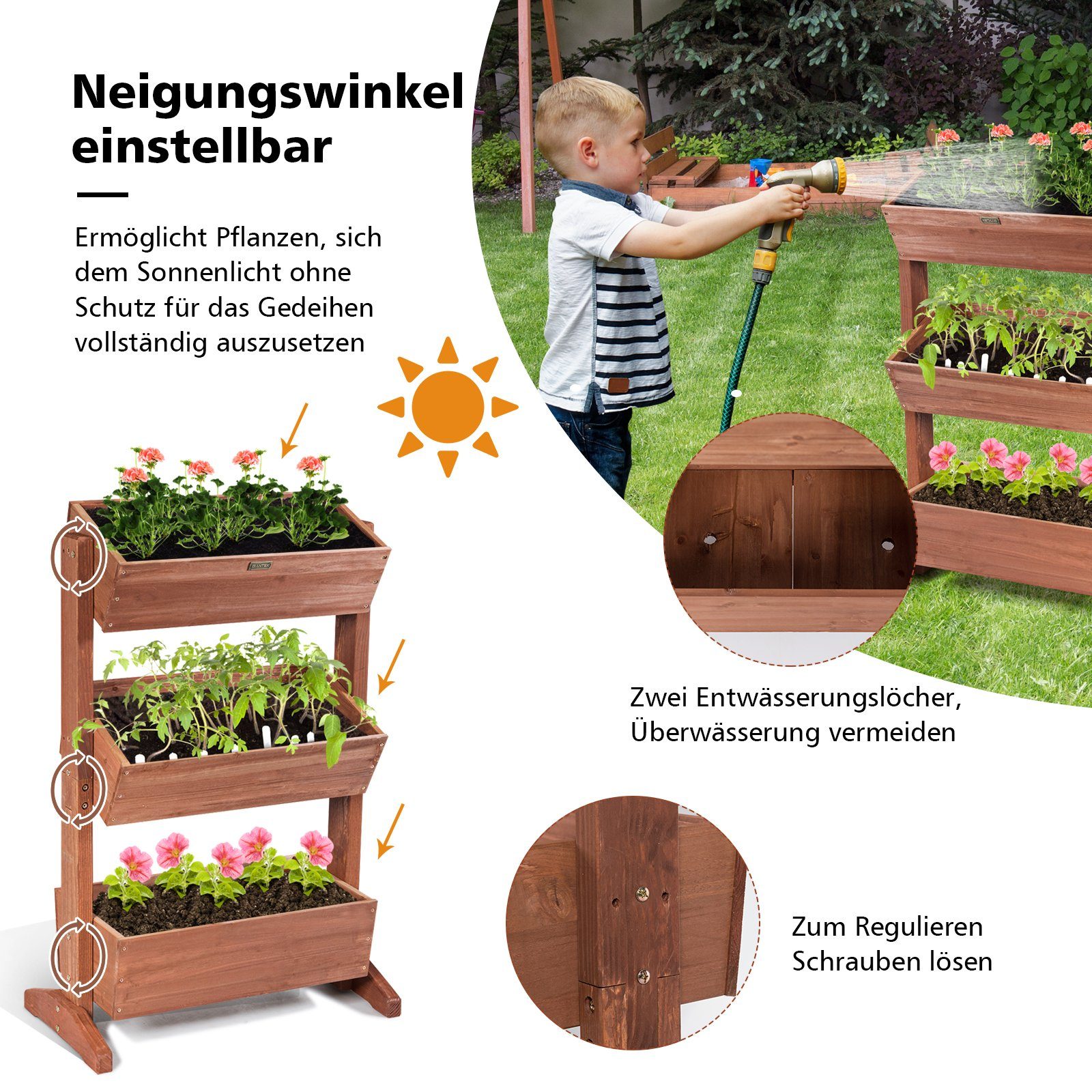 COSTWAY Hochbeet Blumentreppe, 3 Etage, mit Ablauflöchern, verstellbar