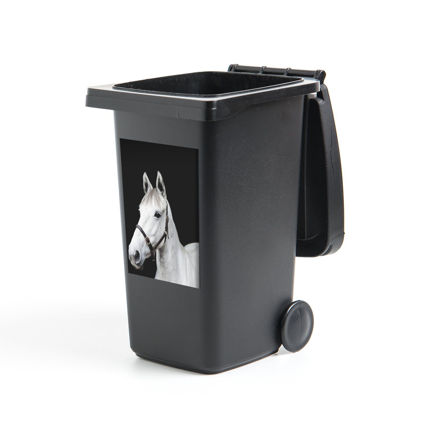 Pferd - - Halfter Container, Weiß Abfalbehälter Mülleimer-aufkleber, St), Sticker, Mülltonne, (1 MuchoWow Wandsticker