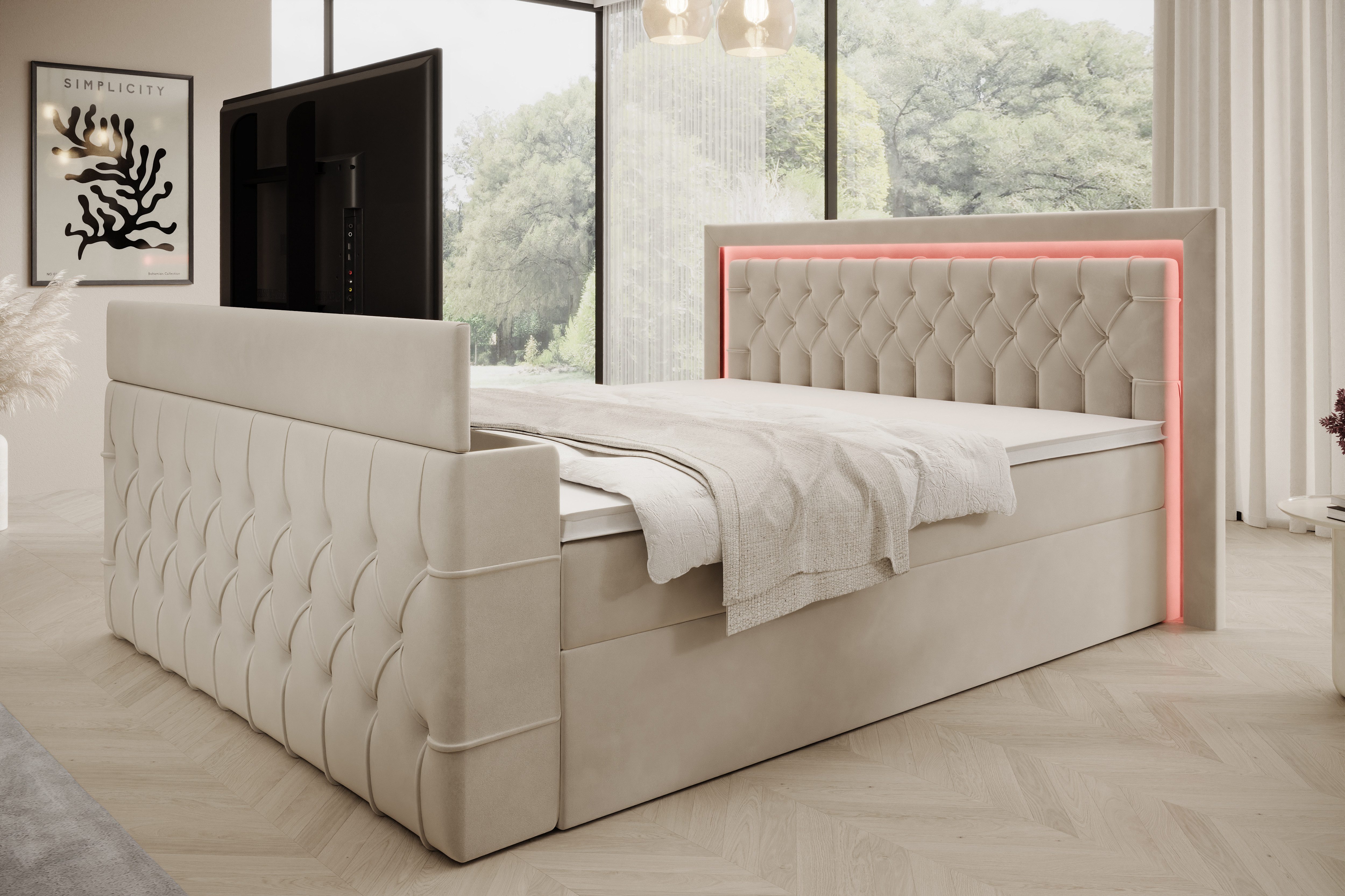 PROMETO Möbel Boxspringbett Doppelbett 180x200cm mit Matratze, Bettkasten TV-Lift LED Beleuchtung