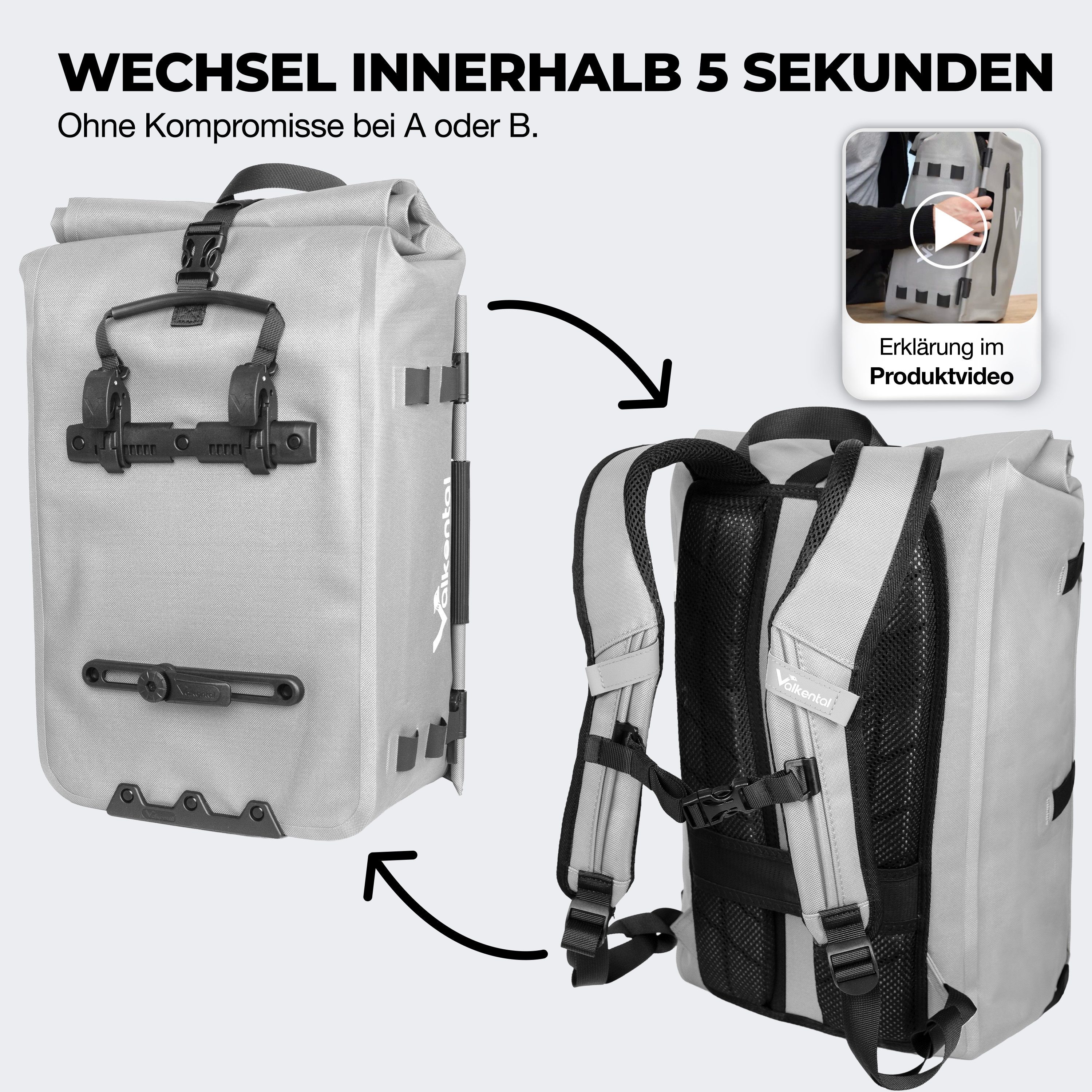 Valkental Fahrradtasche TrailX 2in1 Gepäckträgertasche & Rucksack (28L, Laptopfach, Rückenpolster), wasserdicht & reflektierend