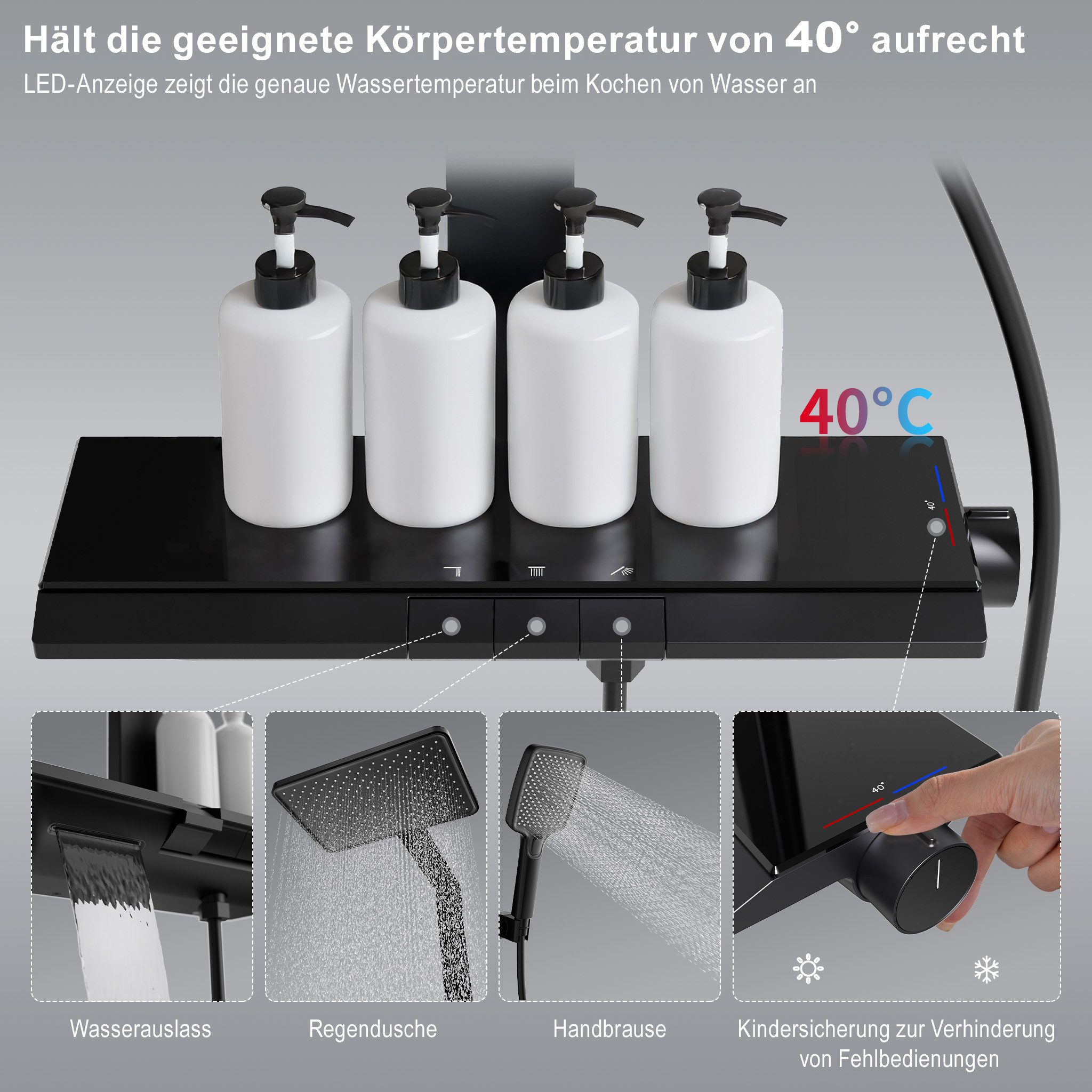 HOMELODY Duschsystem mit Thermostat und Ablage Duschsäule mit Regendusche und Duscharmatur, 3 Strahlart(en), Set, Funktional und hochwertig – für ein rundum perfektes Duscherlebnis., mit Brausegarnitur und Kopfbrause, 30cm Kopfbraus,Schwarz