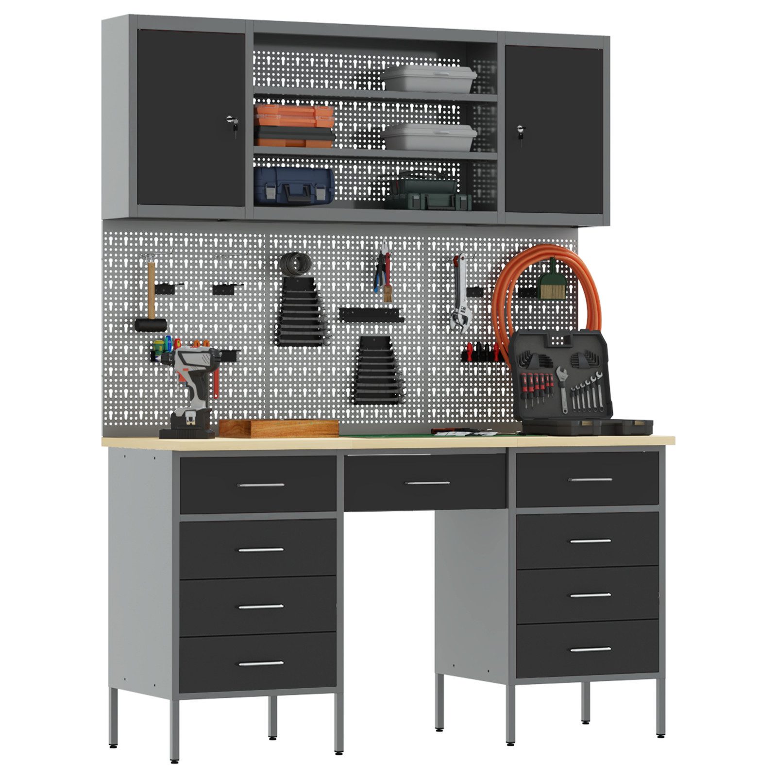 vidaXL Werkbank 7-tlg. Werkstattschrank-Set mit Stecktafel günstig online kaufen
