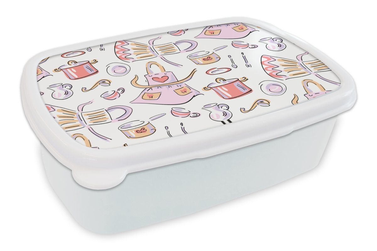 MuchoWow Lunchbox Schnittmuster - Küche - Schürze - Kochen - Pastell, Kunststoff, (2-tlg), Brotbox für Kinder und Erwachsene, Brotdose, für Jungs und Mädchen weiß