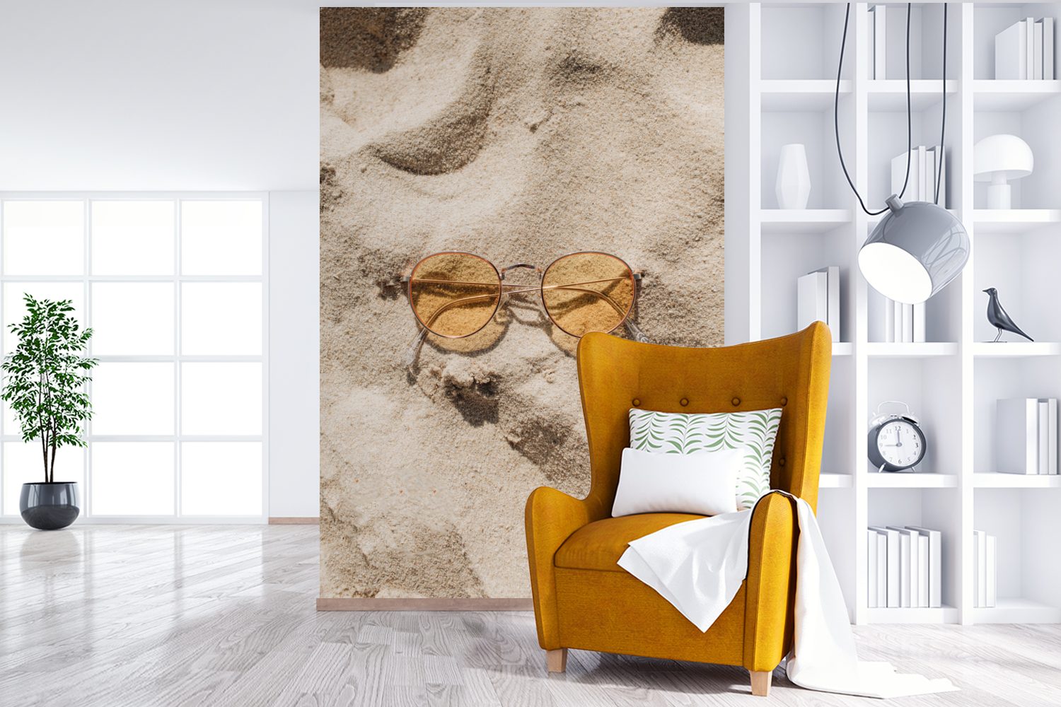 Sand Tapete Wohnzimmer, für Fototapete - Wandtapete Sonnenbrille bedruckt, Matt, Montagefertig (3 - Orange, Vinyl MuchoWow St),