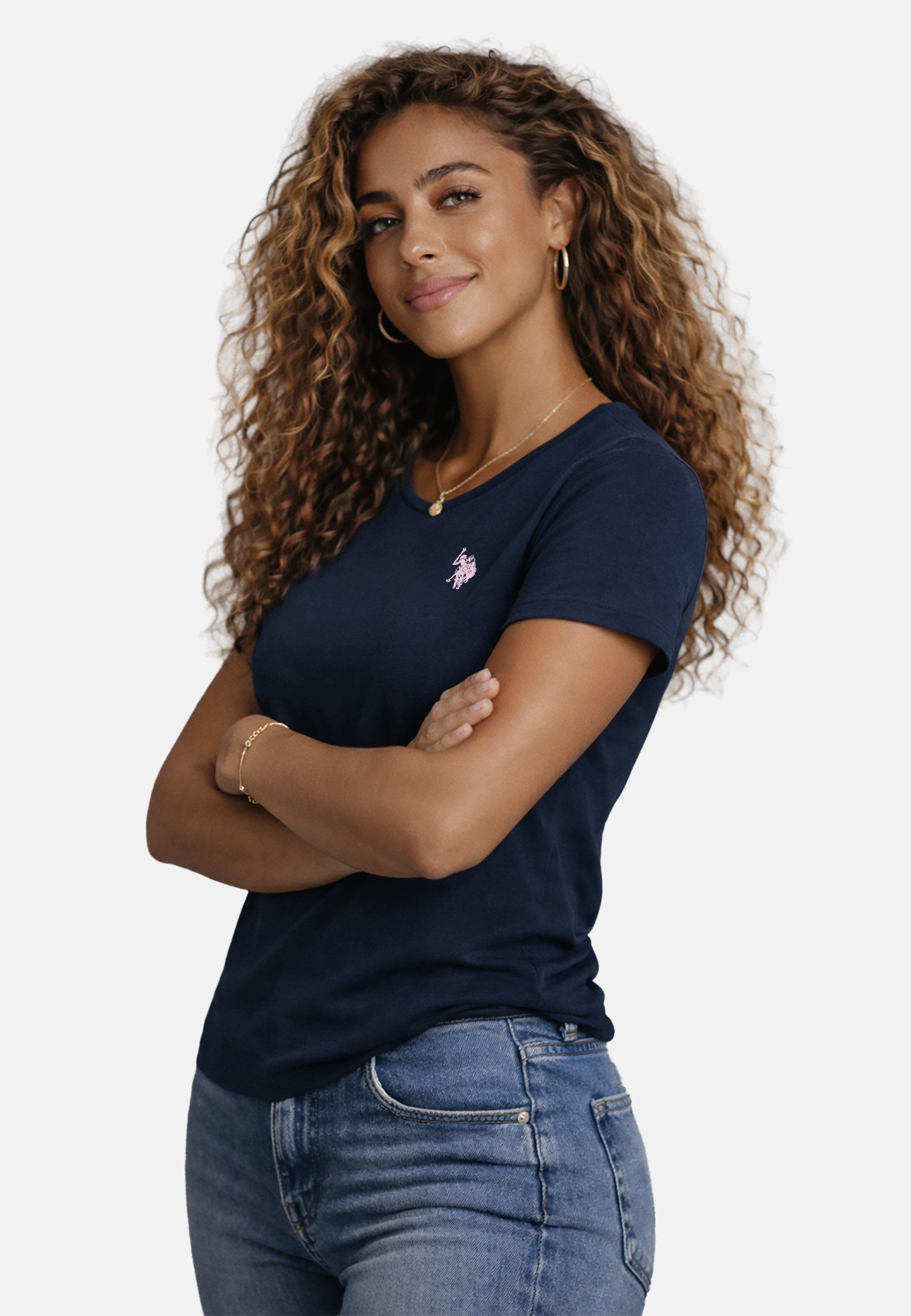 U.S. Polo Assn. T-Shirt USSareena – Damen Shirt mit Stretch-Anteil und Logo Leicht tailliert, klassischer Rundhals, dezente Logo-Stickerei