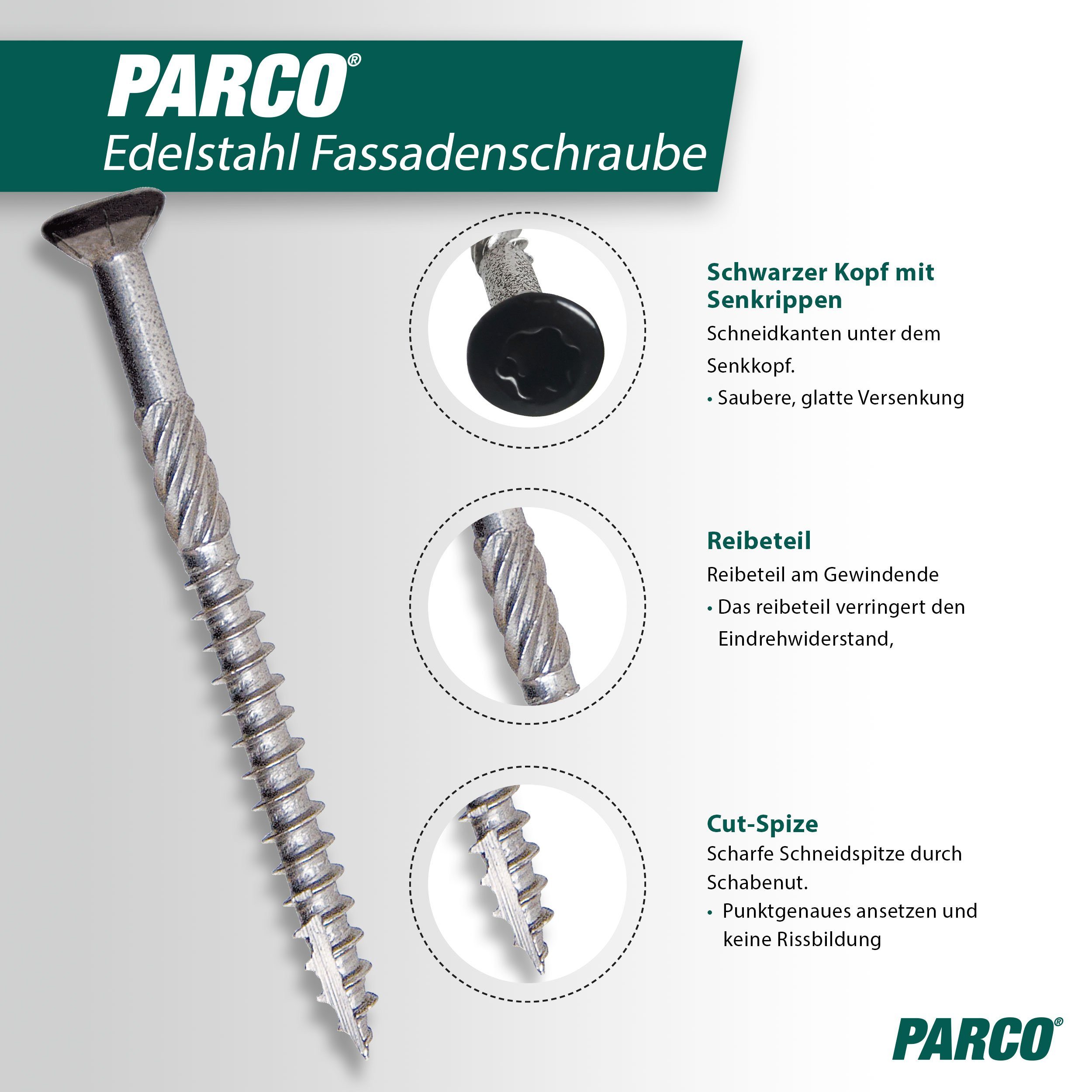 PARCO Kopf, - Outdoor (100 St), schwarzem 410 geeignet Edelstahl Für Fassadenschraube mit Fassadenschrauben