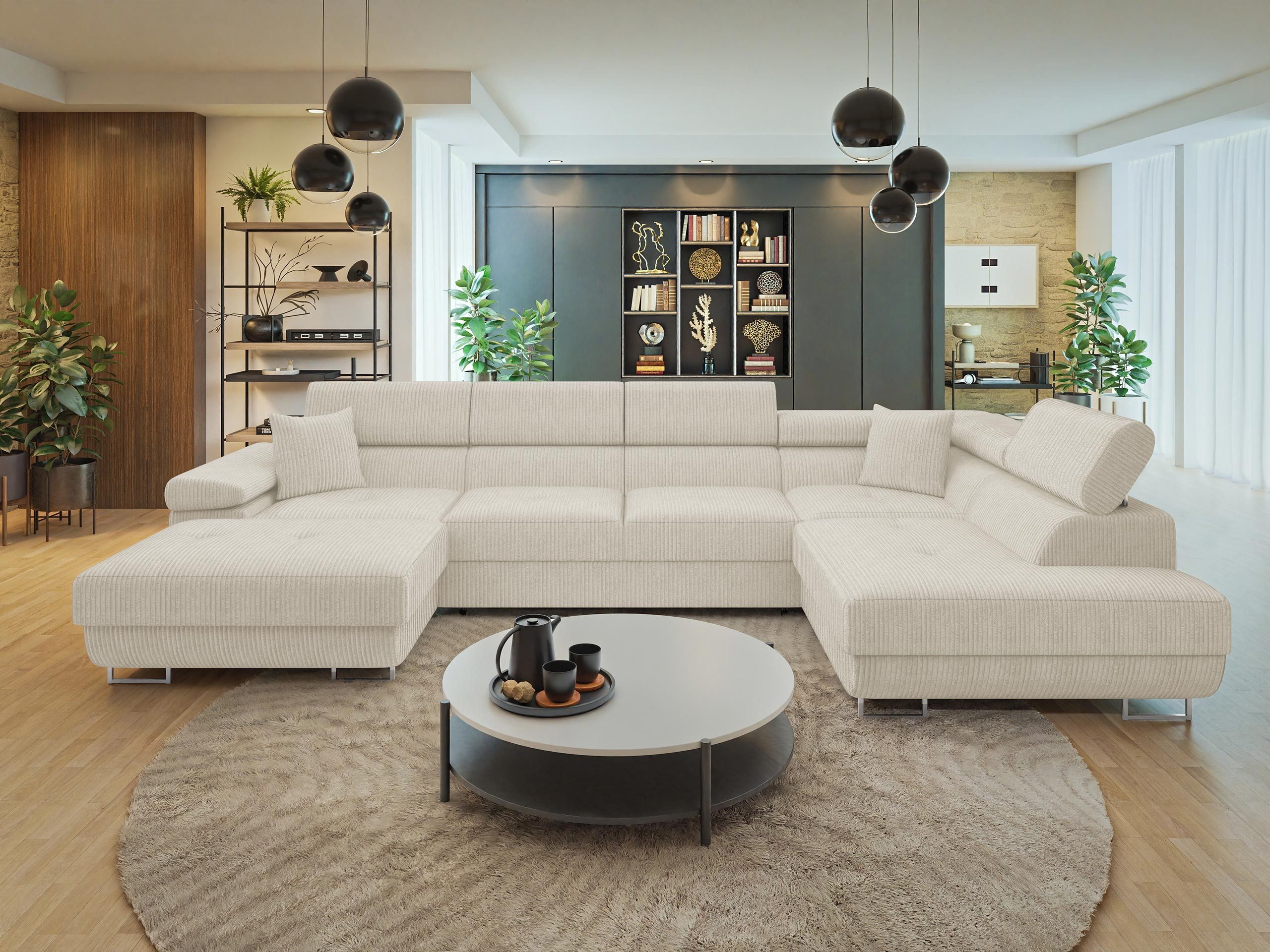 MIRJAN24 Wohnlandschaft Torezio Bis Cord, mit Bettkasten und Schlaffunktion, Einstellbare Kopfstützen, 346x203x70-90 cm, U-Form