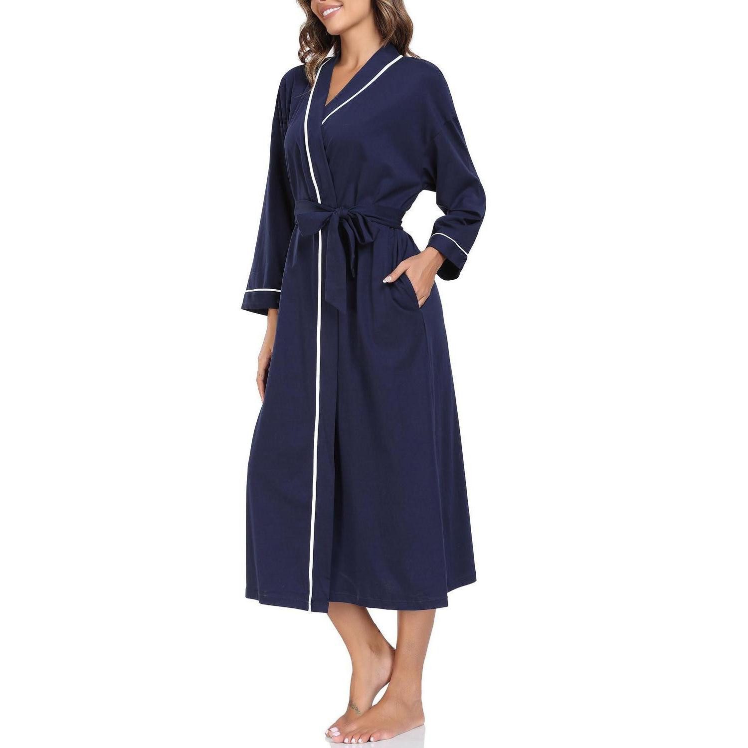 LuxusKollektion Damenbademantel Bademantel Damen Lang Leichter Kimono Marineblau 100% Baumwolle, Textil, Taschen
