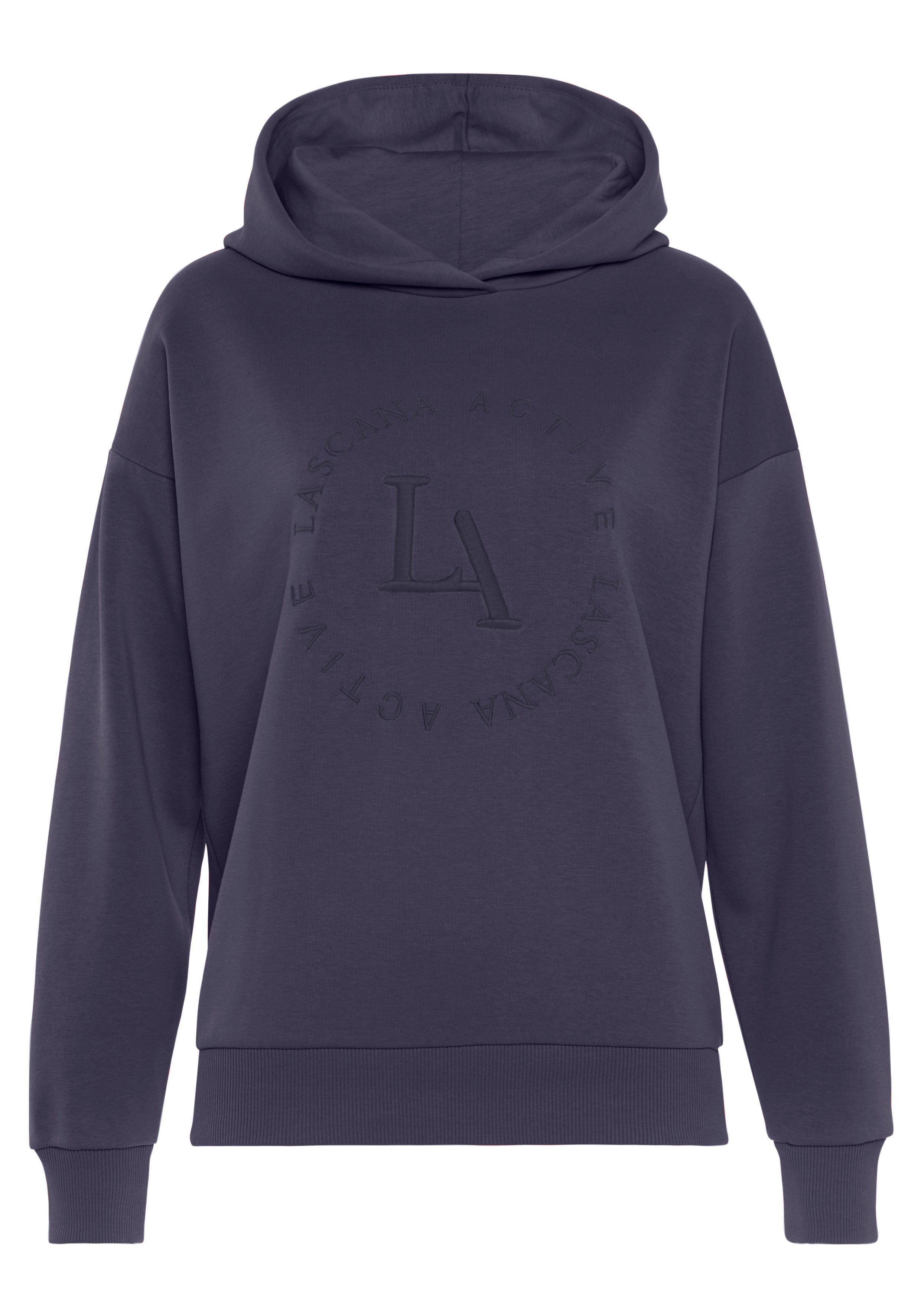 weichen Logostickerei runder marine mit und LASCANA Performance Rippbündchen ACTIVE Hoodie Kapuzensweatshirt -