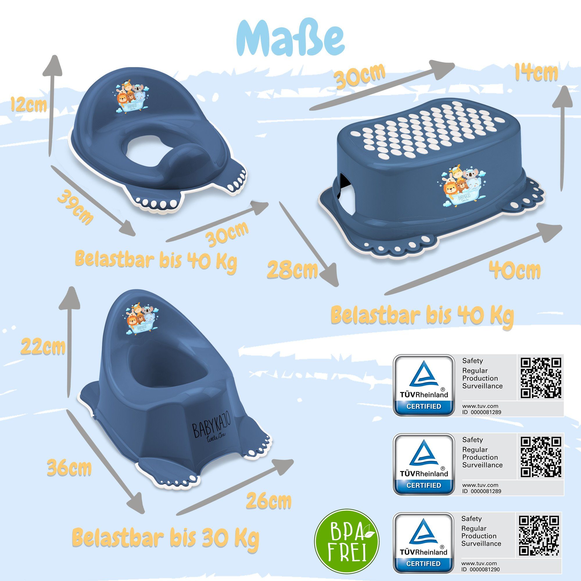 Babykajo Babybadewanne, (Teile, 7-tlg), Baby Badewanne mit Gestell + Badesitz + Töpfchen + Hocker + WC Trainer