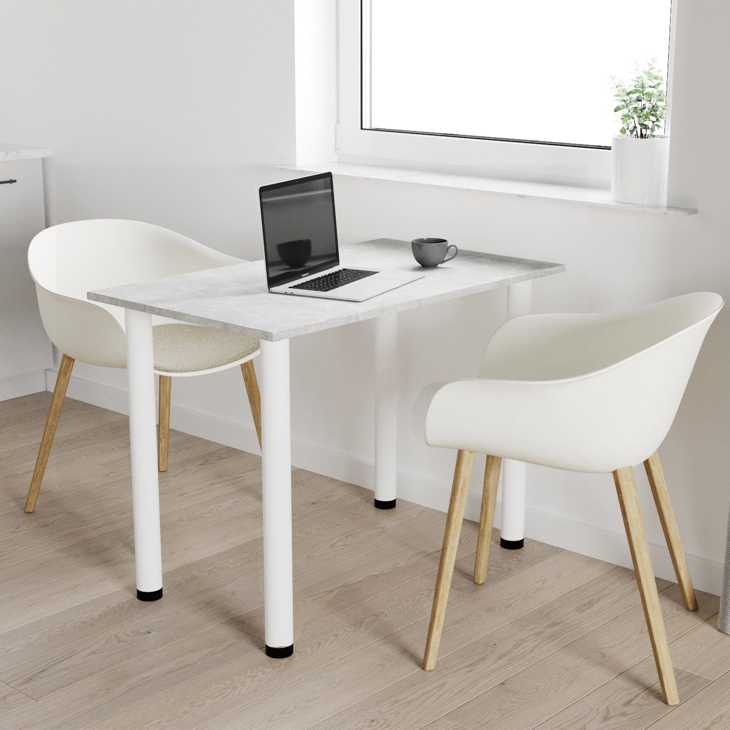 AKKE Esstisch, Esszimmertisch mit weißen Beinen Küchentisch Bürotisch 2mm PVC Beton | Esstische