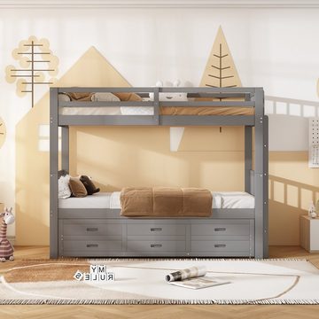 OKWISH Etagenbett Kinderbett, Hausbett für Mädchen und Jungen, Bett (mit Leiter undausziehbarem Bett und 3 Schubladen), Ohne Matratze