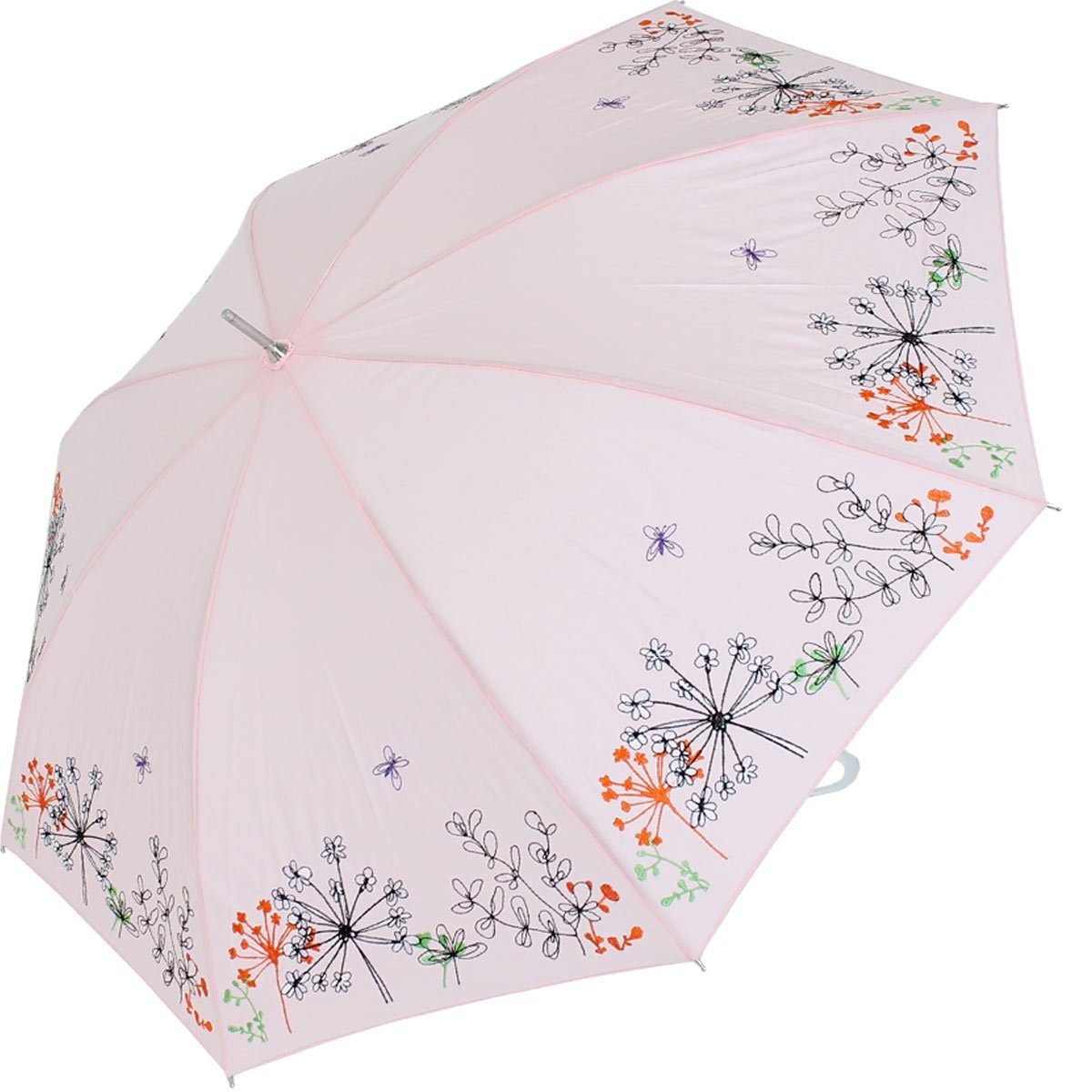 doppler® Langregenschirm Kunststoff rosa Lady Regenschirm Griff - aus besteht bestickt, Wiesenblumen der und mit ist Schutz der Rand wunderschön Butterfly, Sonnen transparentem UV