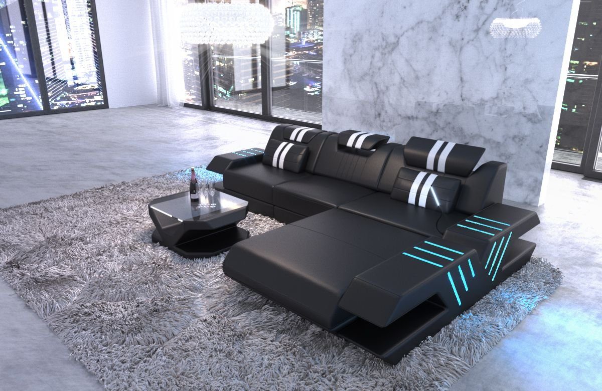 Sofa Dreams Ecksofa Venedig L Form Leder Couch USB, 4-Sitzer, Echtleder Premium, Schwarz-Weiß, Ottomane rechts, LED