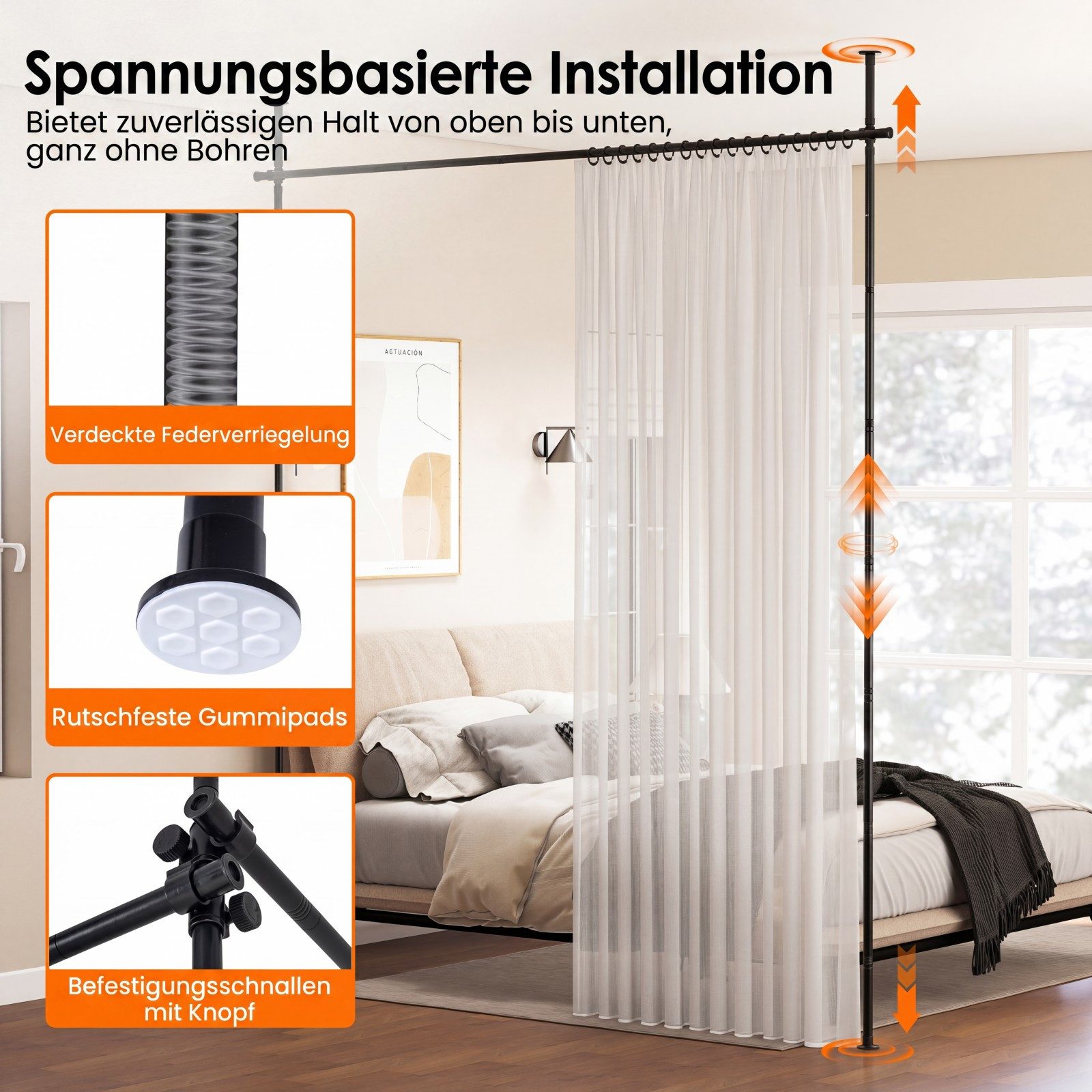 COSTWAY Raumteiler, Gardinenstange flexibel verstellbares Paraventgestell ohne Bohren