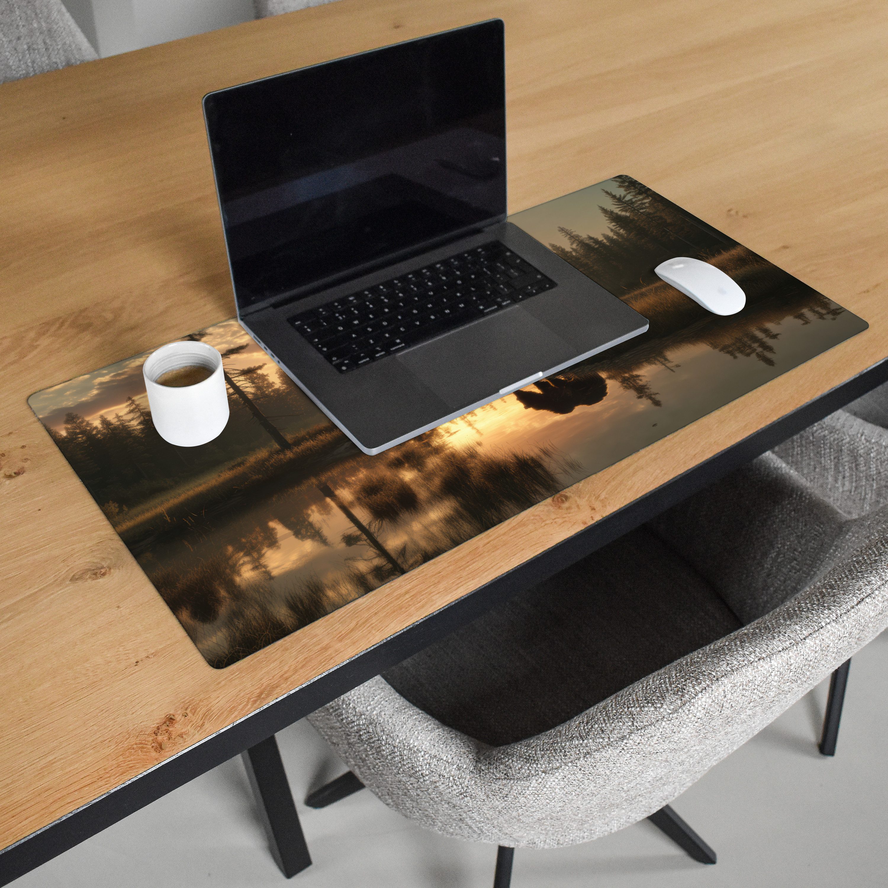 MuchoWow Gaming Mauspad Bär - Wasser - Wald - Morgenlicht (1-St), Gaming Mauspad XXL, Schreibtischunterlage, Desk Mat Groß, 80x40 cm