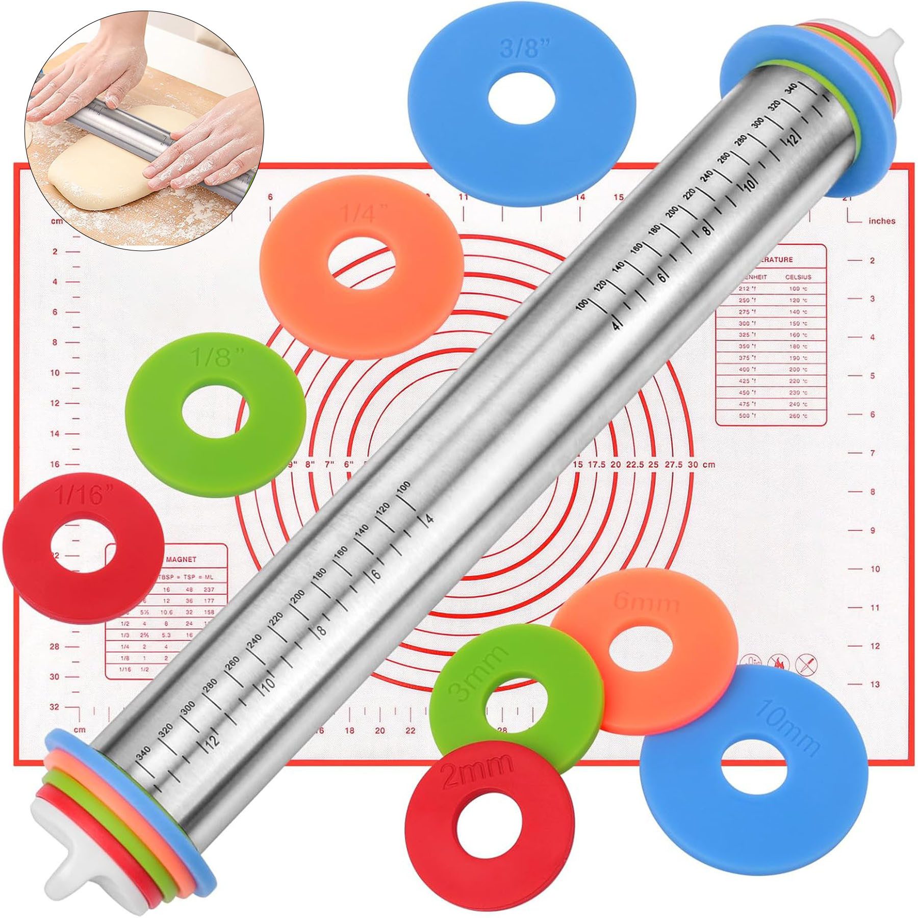 Mutig Teigroller Nudelholz Edelstahl,Mit Silikon-Teigmatte,Dicke verstellbar,antihaft, (Antihaft Teigrolle Backzubehör 45*7cm mit Dicke-Verstellbares Ringe, für Teig, Fondant, Pizza, Cookie, Gebäck, Teig), Tolles Geschenk zu Weihnachten, Geburtstag, Einweihung oder Muttertag