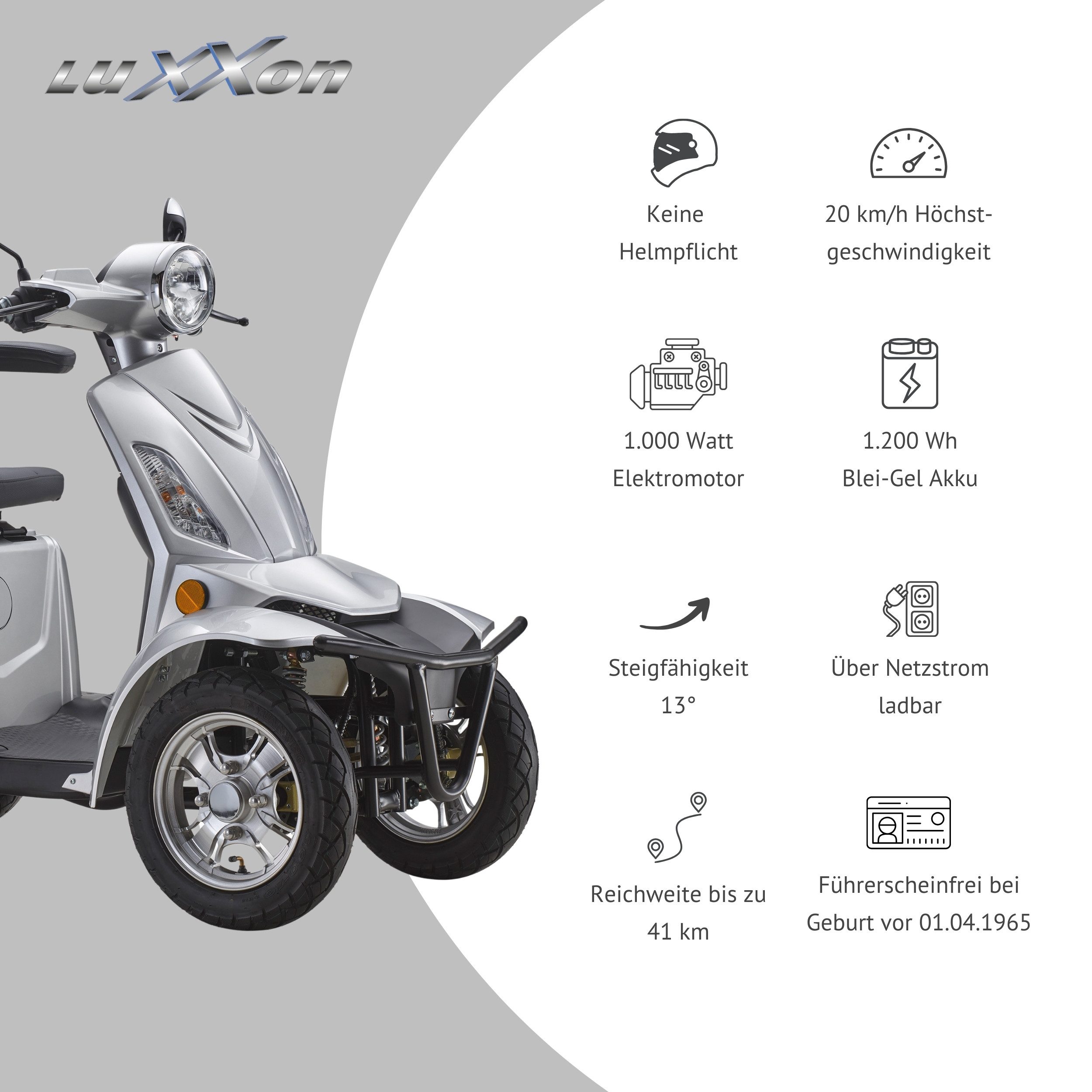 Luxxon Elektromobil LuXXon Seniorenmobil E4900, 20 km/h, (Elektromobil mit Topcase, ohne Helmpflicht), 1.000 W, Seniorenmobil mit 4 Räder, Elektroroller für Senioren