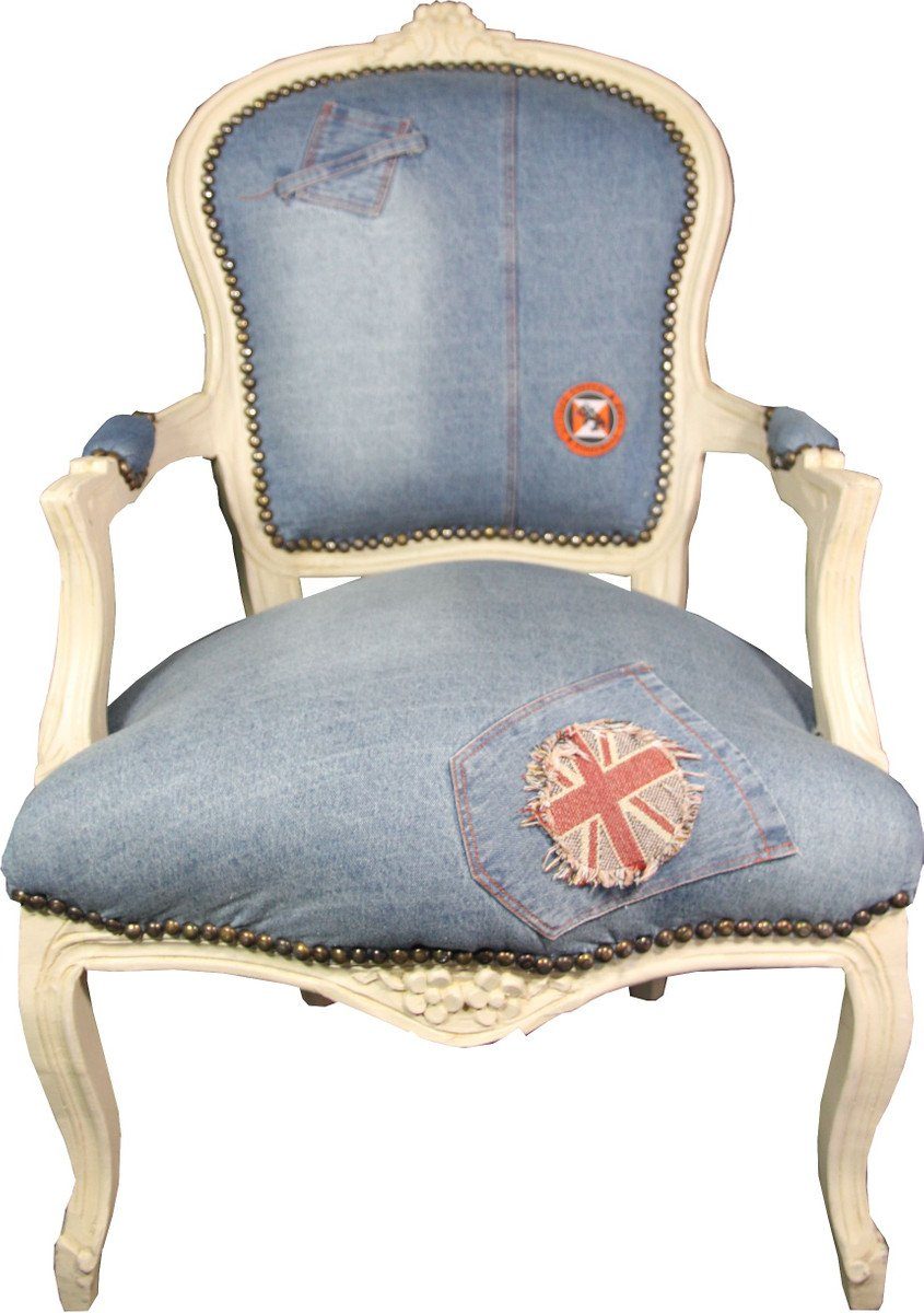 Casa Padrino Besucherstuhl Barock Salon Stuhl Jeans Optik / Creme Mod2 - Limited Edition