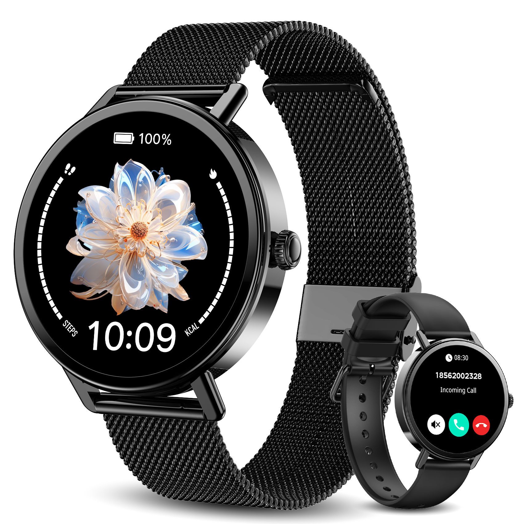 blackview Smartwatch X30 1,26″ für Damen mit Telefonfunktion undFitness-Tracking Smartwatch (4 cm/1.26 Zoll, iOS/Android) Set, mit Wechselband aus weichemSilikon und Ladekabel, 5 Tage Akkulaufzeit/2 Armbänder/HF&SpO₂& Blutdruck/100+ Sportmodi,IP68