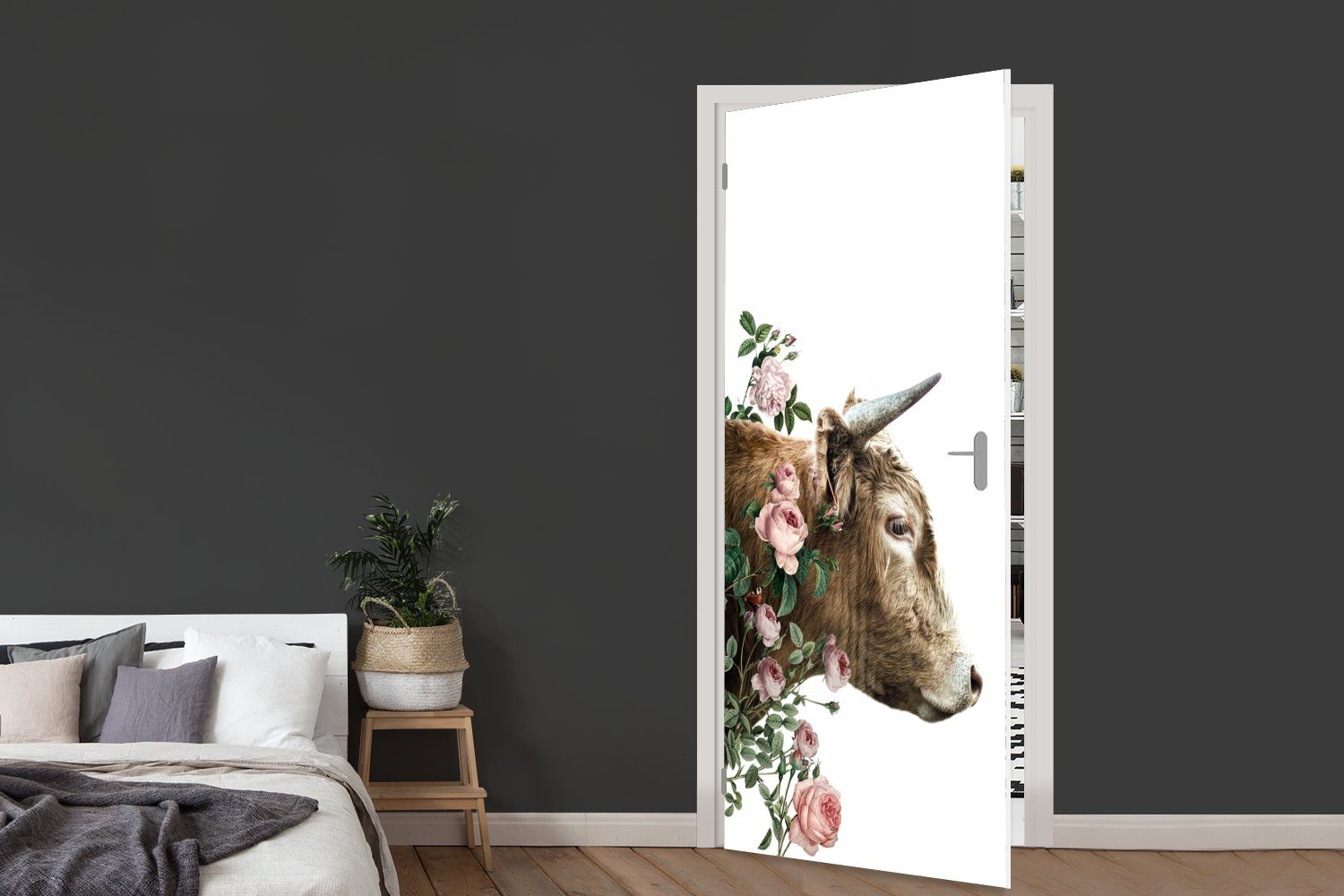 Türaufkleber, 75x205 - MuchoWow St), für Matt, Kuh bedruckt, (1 Tür, cm Türtapete - Blumen, Fototapete Highlander Schottischer