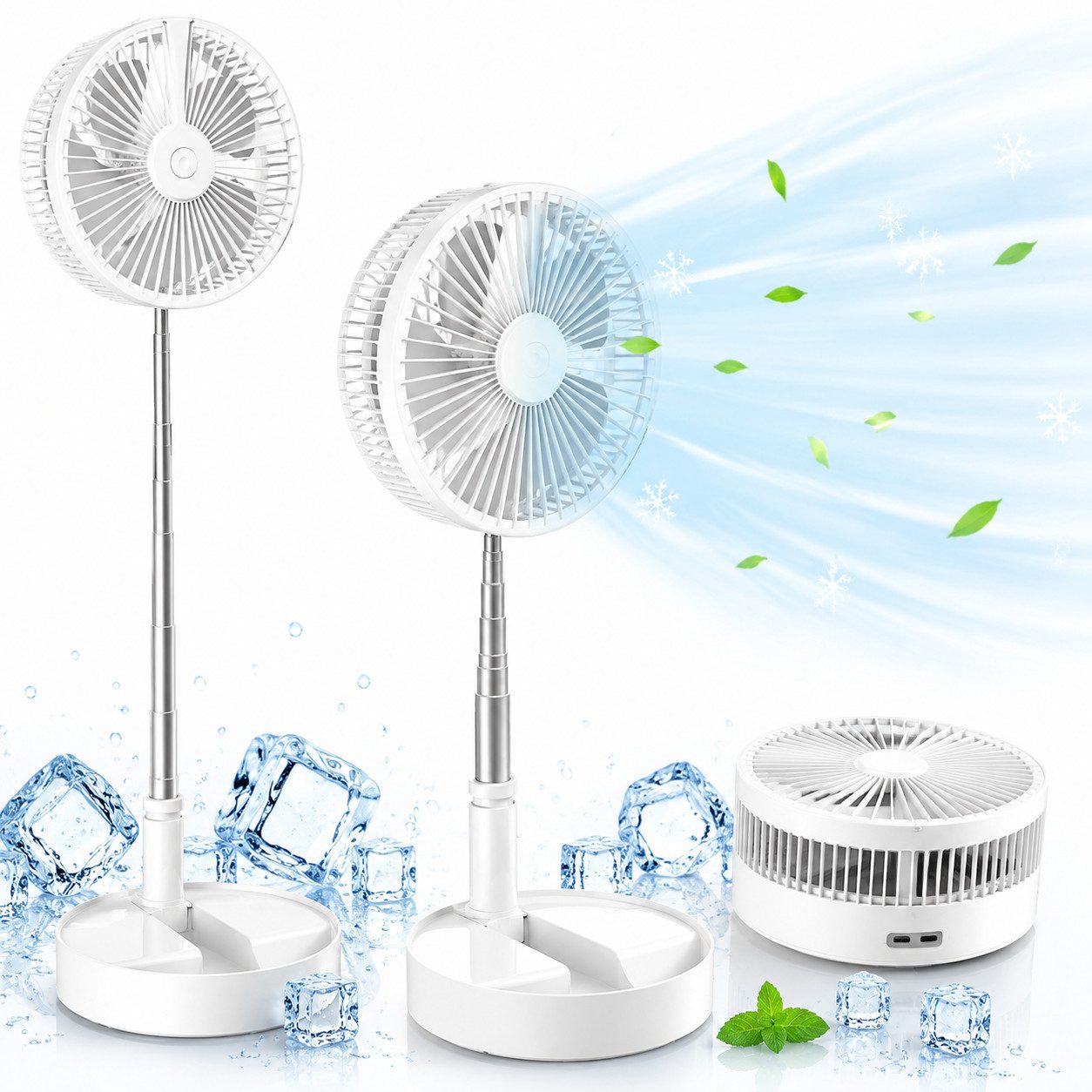 MOPUEA Standventilator Tischventilator Standventilator mit Luftbefeuchter und Nachtlicht Weiß, Vier Windgeschwindigkeiten,mit rutschfestem Kissen, zusammenklappbare