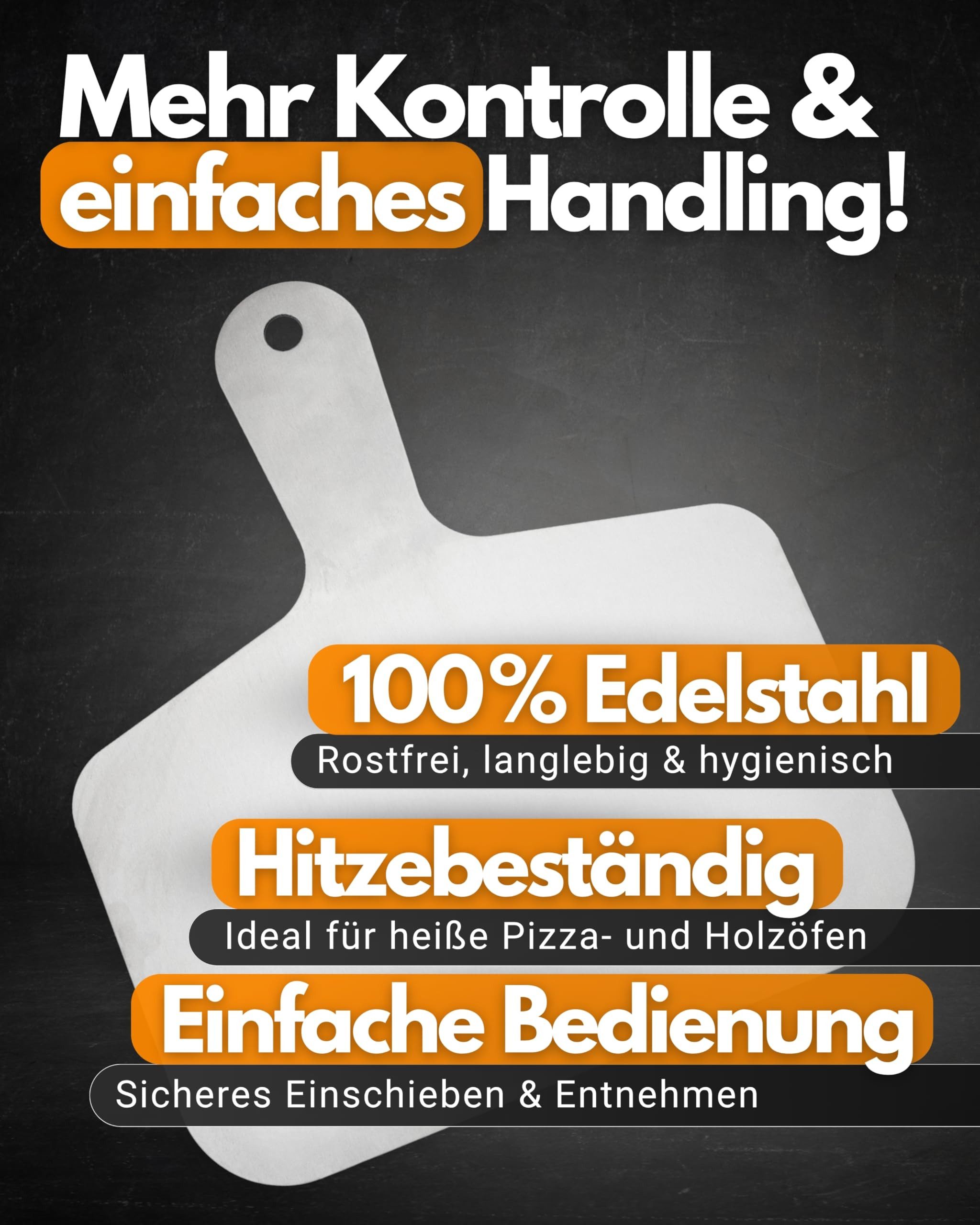 Feuerfest 123 GmbH Pizzaschieber Pizzaschieber Edelstahl 28 x 32 cm, perfekter Halt ohne verbrennen - 100 % Made in Germany