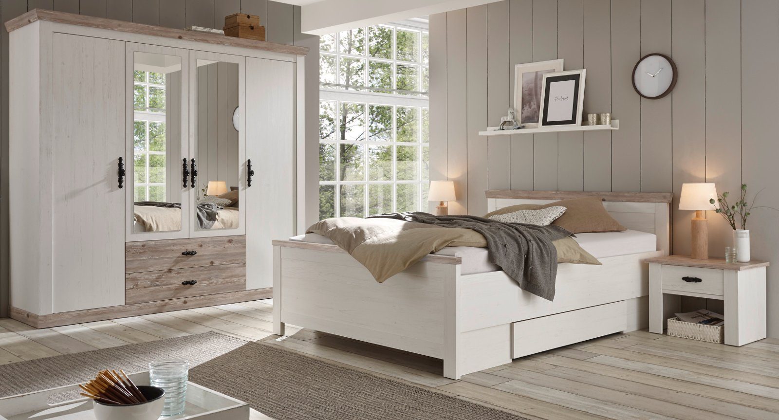 100 in Furn.Design Pinie verstellbarer Landhaus, Rovola Bett Liegefläche weiß cm), Einlasstiefe (Einzelbett x mit 200