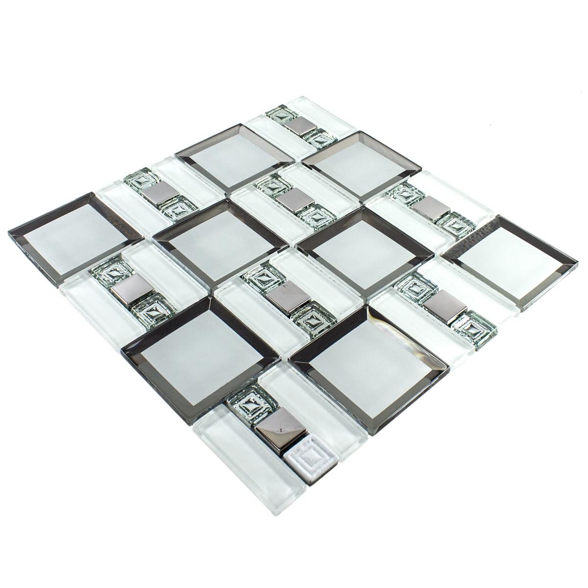 Mosafil Mosaikfliesen Glasmosaik Fliesen Magical Weiß Silber, Glas 30.000x30.000, weiß-silber, Verlegefertig auf ein Netz geklebt - Wasserfest