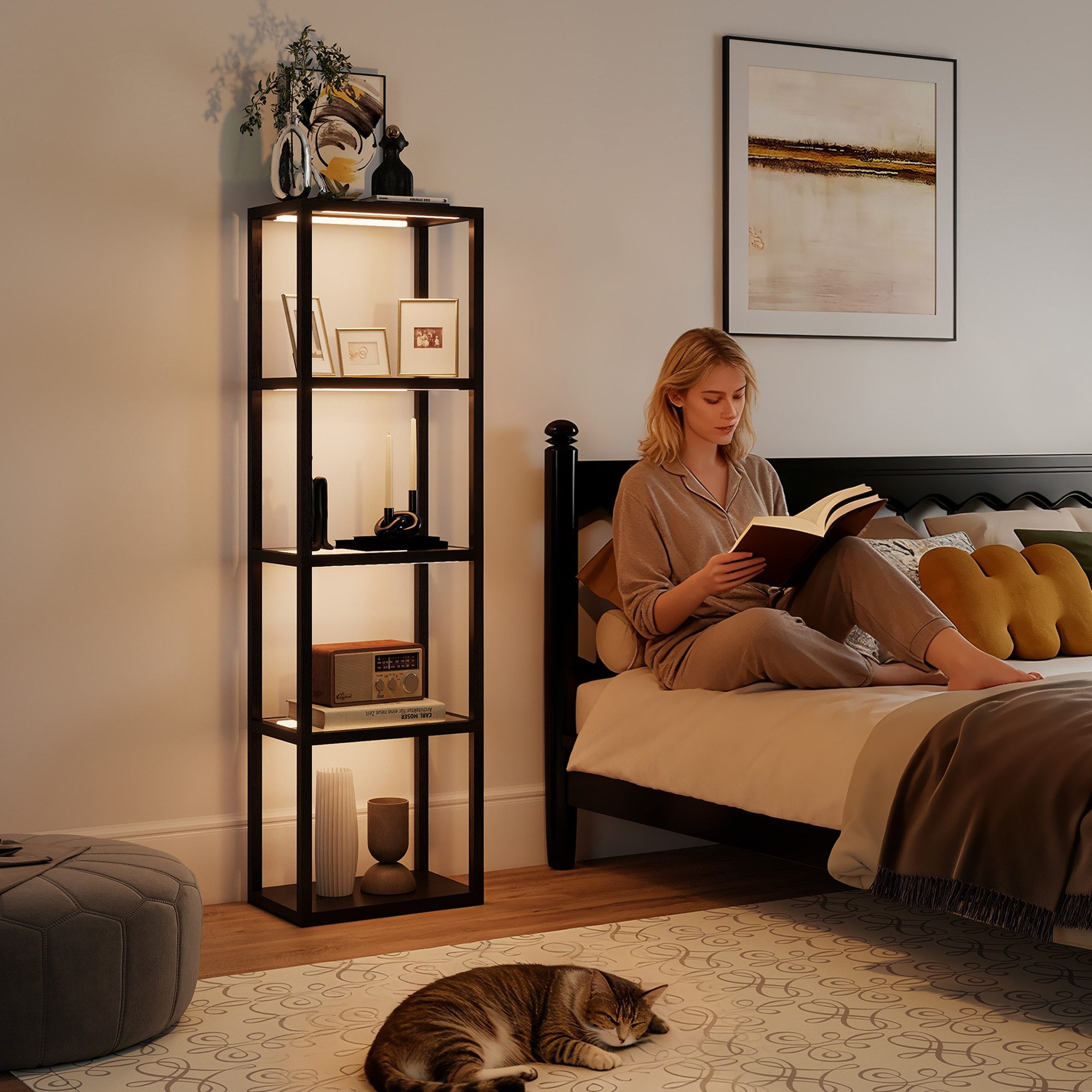 HOMCOM Stehlampe mit Glasregalen, Timer, LED fest integriert, 4-Ebenen-LED-Lampe mit Fernbedienung, Musiksynchronisation, Schwarz