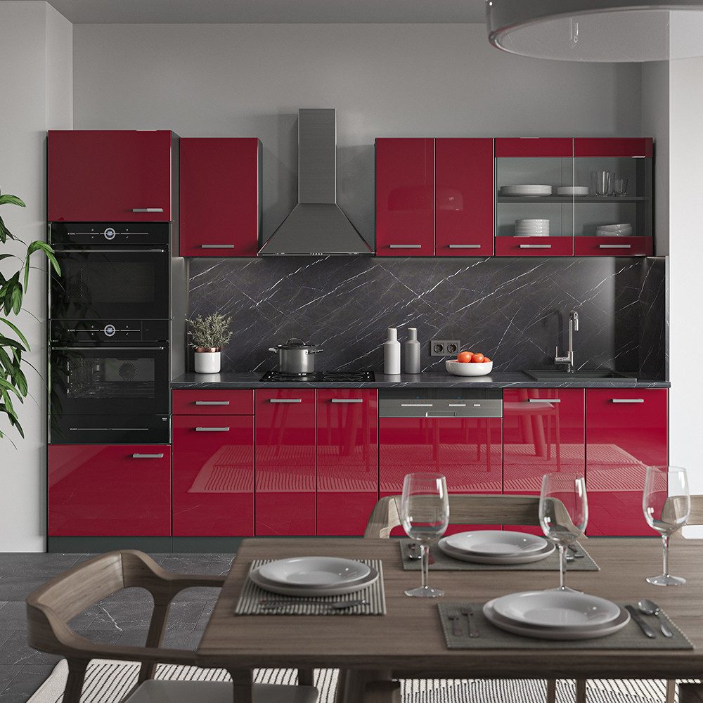 Vicco Küchenzeile R-Line, Rot Hochglanz/Anthrazit/Anthrazit, 300 cm mit Hochschrank, ...