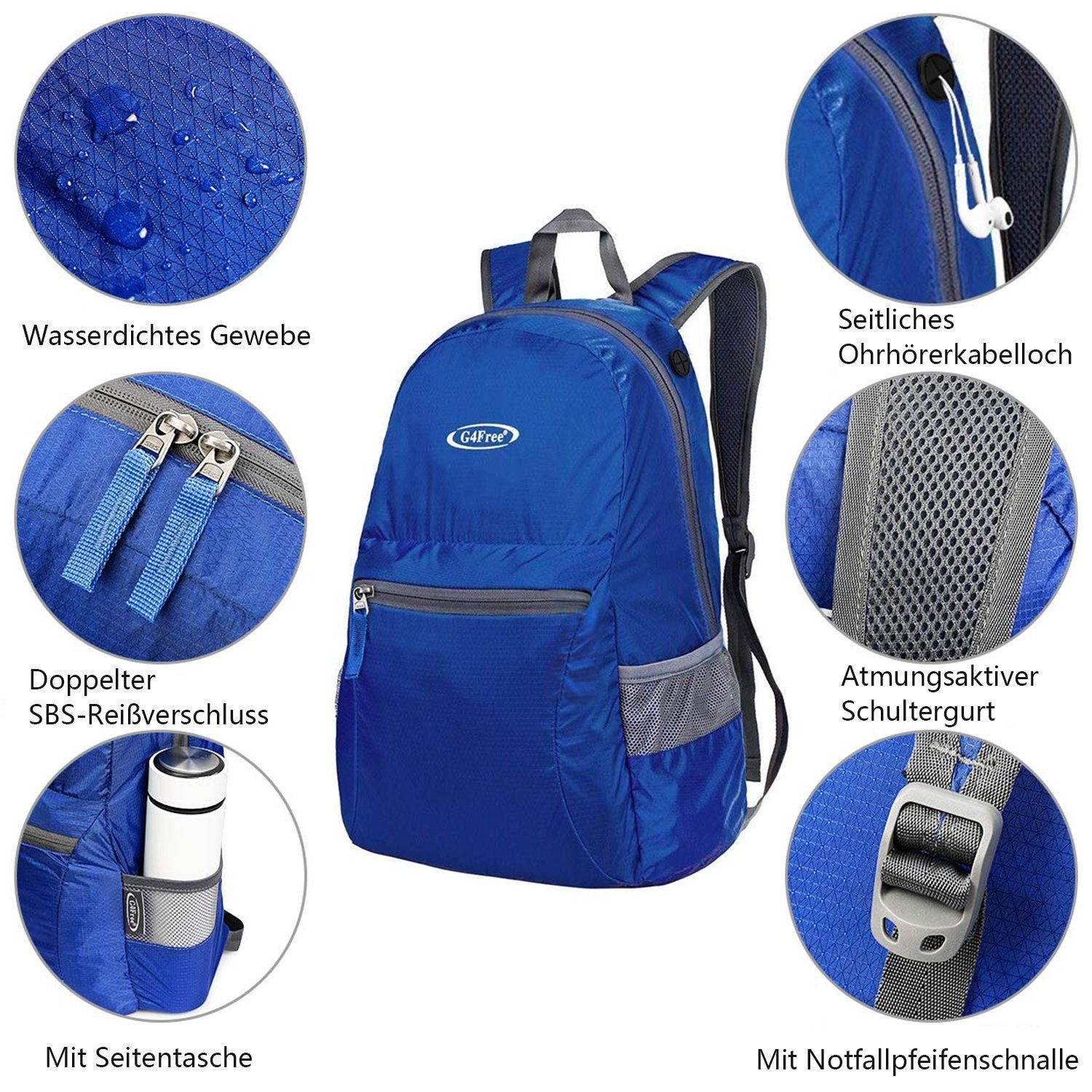 G4Free Freizeitrucksack, 20L Faltbarer Ultraleichter Daypack Wanderrucksack Marineblau