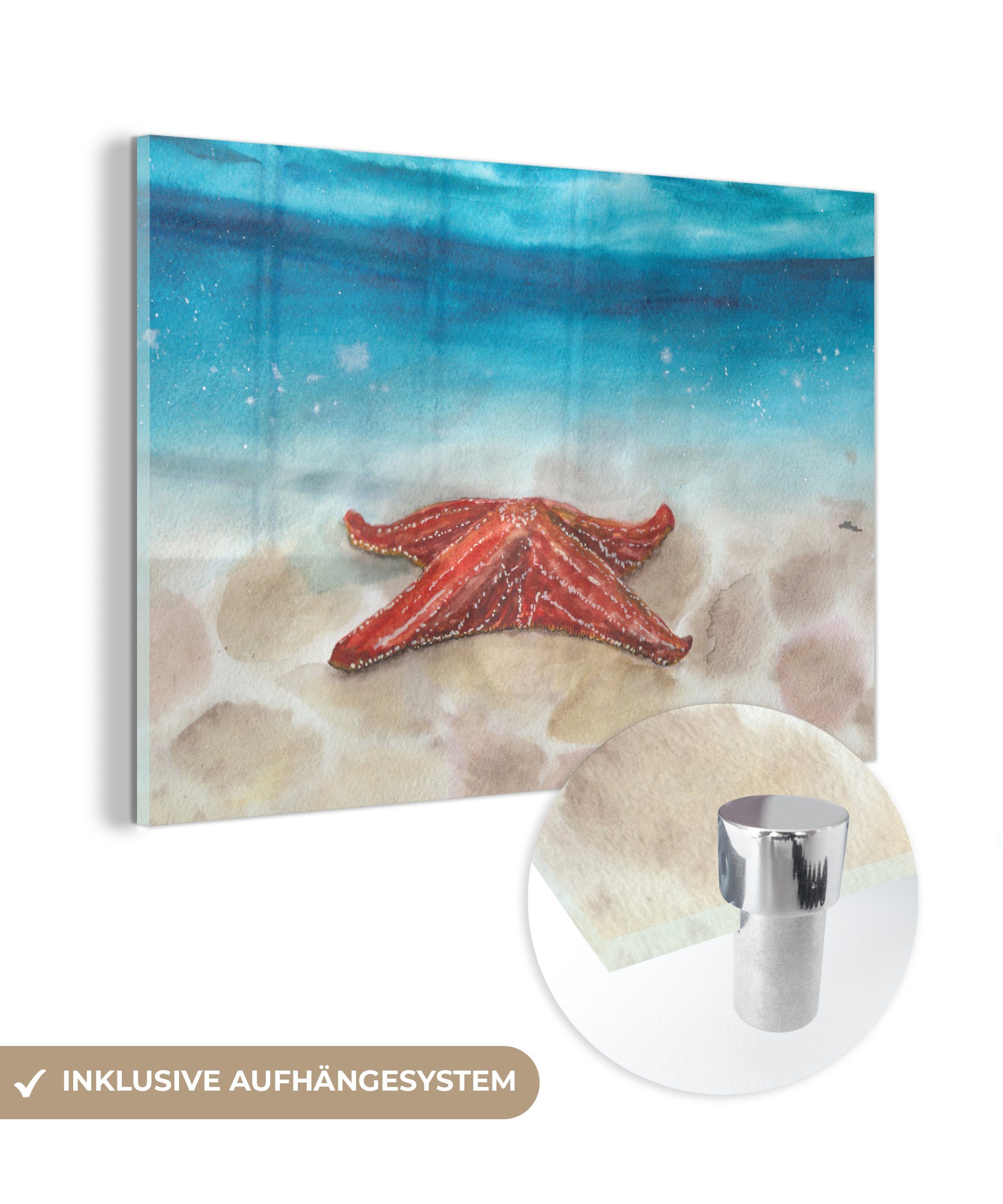 MuchoWow Acrylglasbild Meer - Aquarell - Seestern, (1 St), Acrylglasbilder Wohnzimmer & Schlafzimmer
