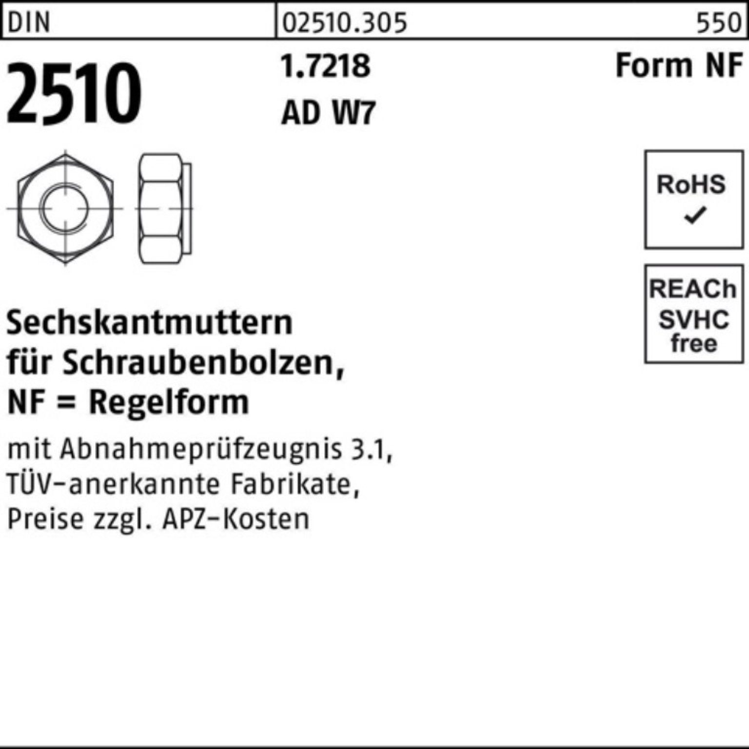 Muttern 1.7218 100er M12 Reyher DIN Sechskantmutter Pack 2510 1 f.Schraubenbolzen NF