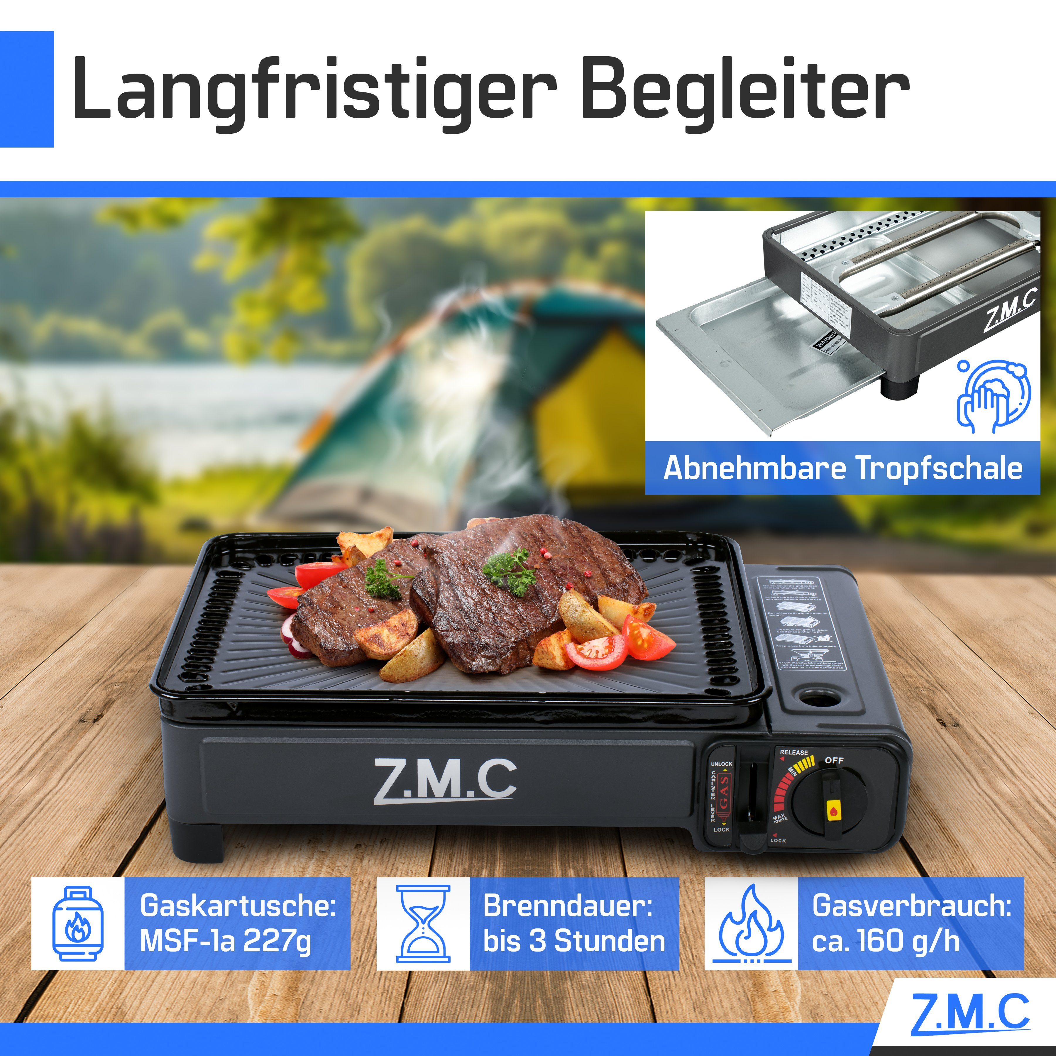 ZMC Gaskocher 2-in-1 Gaskocher inkl. Zubehör einflammiger Camping-Kocher, (mit Grillplatte + Grillrost, stufenlos regulierbar, Tischgrill), mit Tragekoffer, 3,8 – Bild 5 von 5