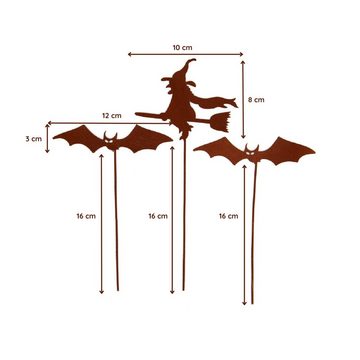 UNUS GARDEN Gartenstecker Blumenstecker in Rostoptik Hexe mit Fledermäusen (Gartenfigur Dekofigur Dekospaten Hexe Besen Fledermaus) Gartenstecker Beetstecker Dekostecker rostige Deko Garten robust