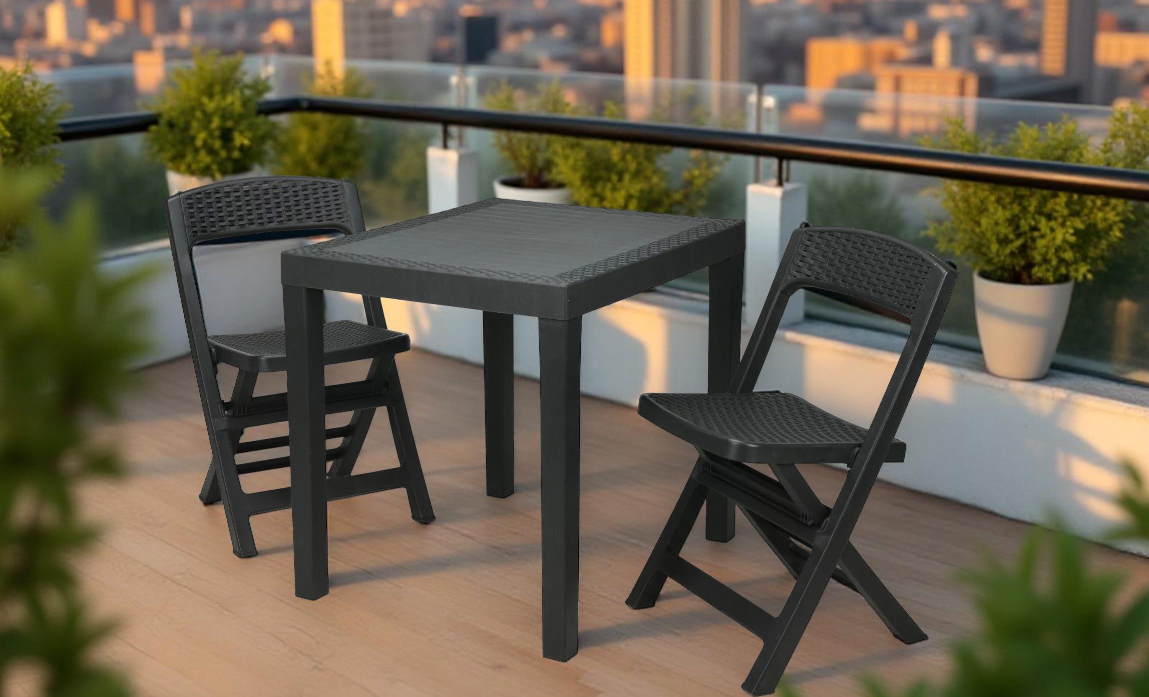 matrasa Balkonset Gartenmöbel Set in Rattanoptik - Sitzgruppe Anthrazit, (Set, 3-tlg., Tisch mit 2 Stühlen), bestehend aus 2 Klappstühlen und einem Tisch