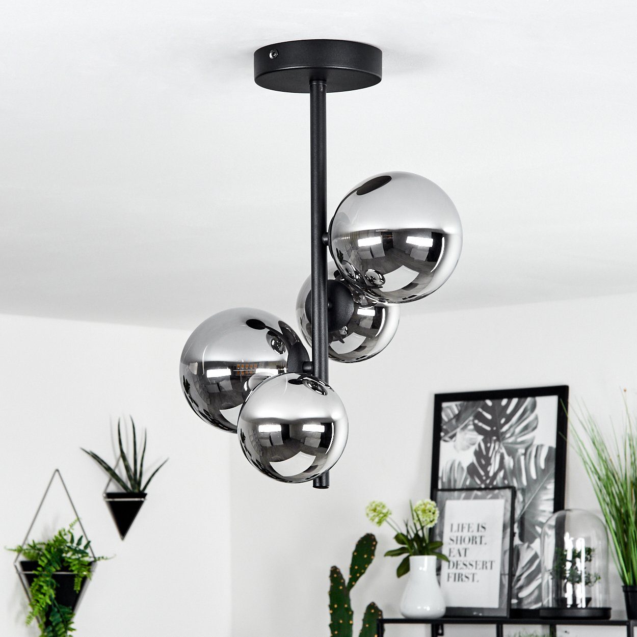 hofstein Deckenleuchte »Isorella« Deckenlampe, Metall/Glas, Schwarz/Chromfarben/Rauchfarben, ohne Leuchtmittel, mit Schirmen aus Rauchglas im Retro/Vintage Design, Ø10/12, 5cm, 4xG9