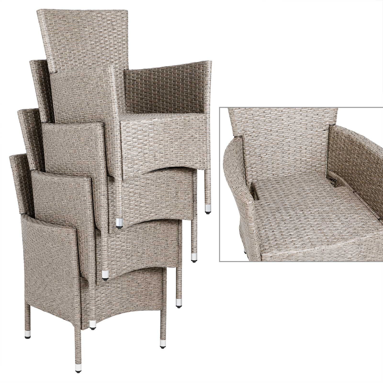 Casaria Sitzgruppe 4+1, Polyrattan 4 stapelbare Gartentisch Stühle Auflagen 7m 90x90cm