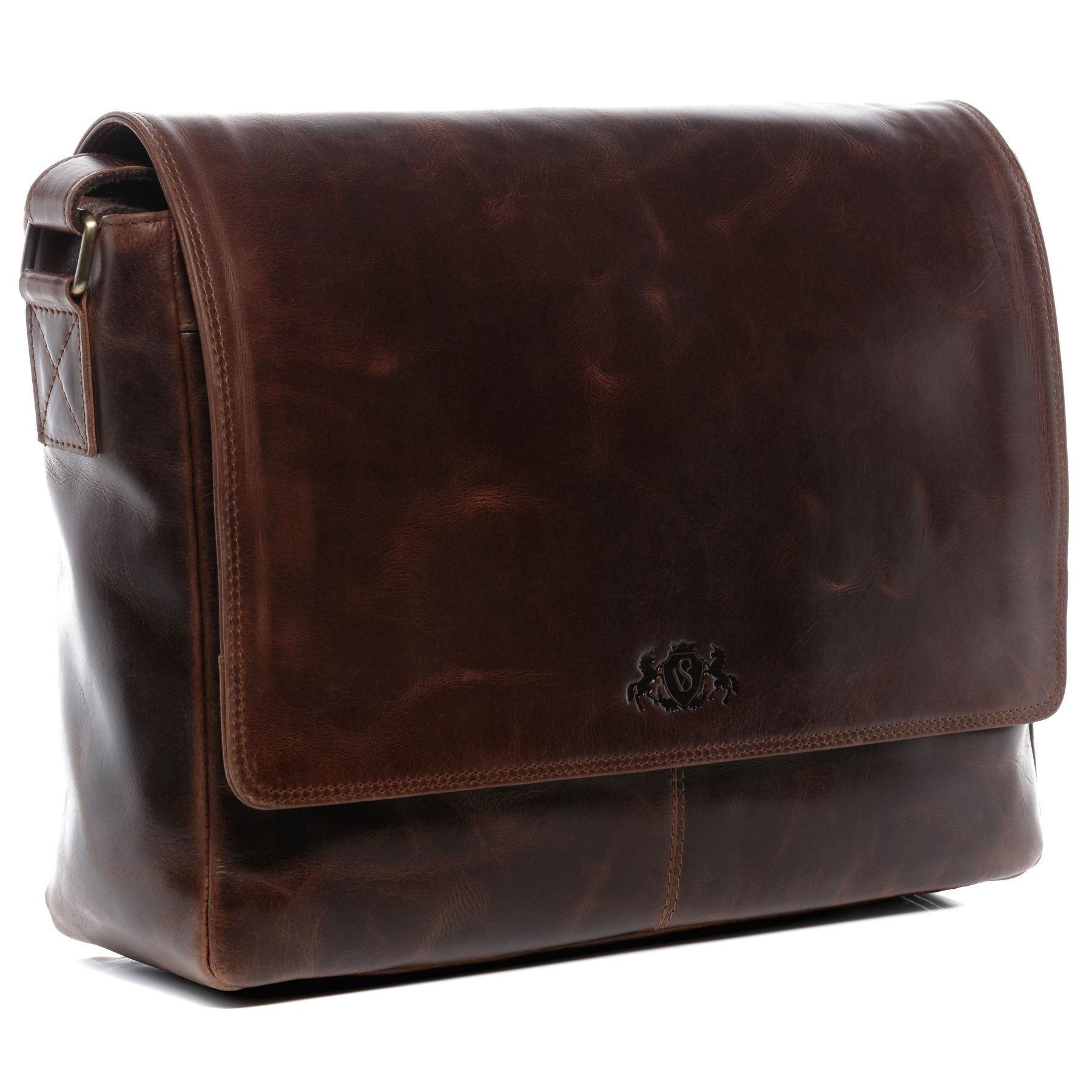 SID & VAIN Messenger Bag SPENCER XL groß Laptop-Tasche 15 Zoll echt Leder, Umhaengetasche Laptop Fach Herren Damen Schultertasche braun